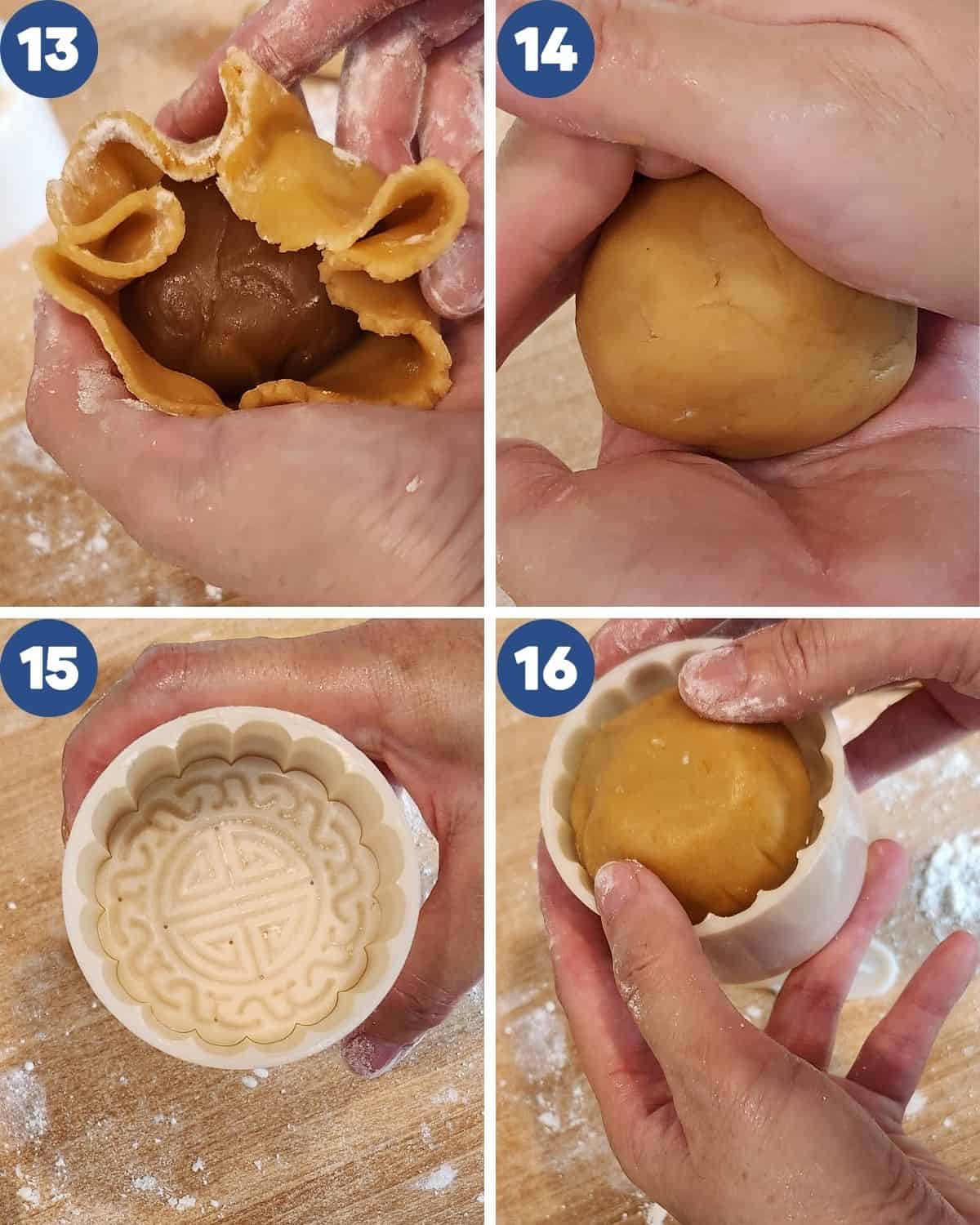 Step by step photos of wrapping the filling and pressing the mooncake.