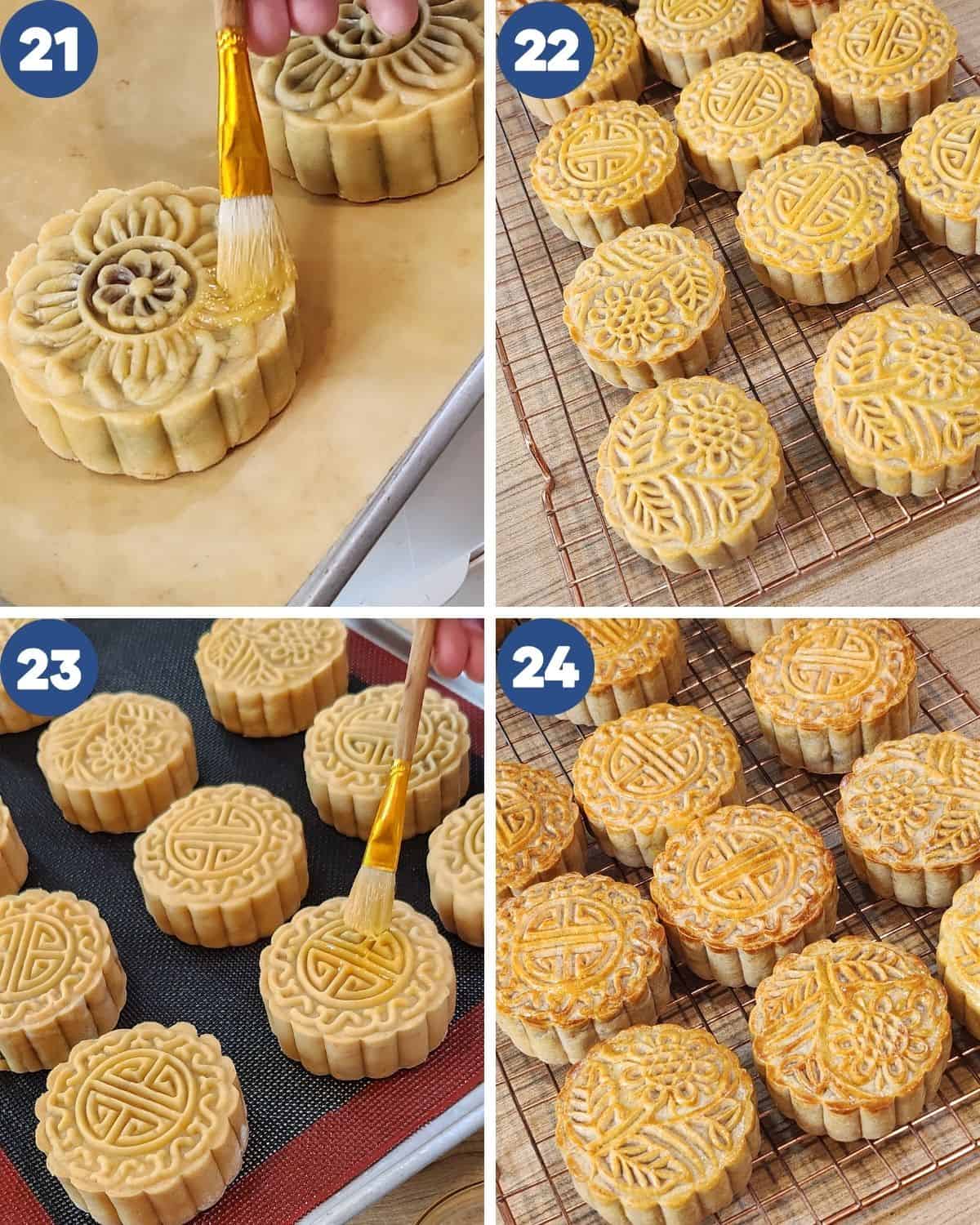 Step by step photos of brushing the mooncakes with egg wash.
