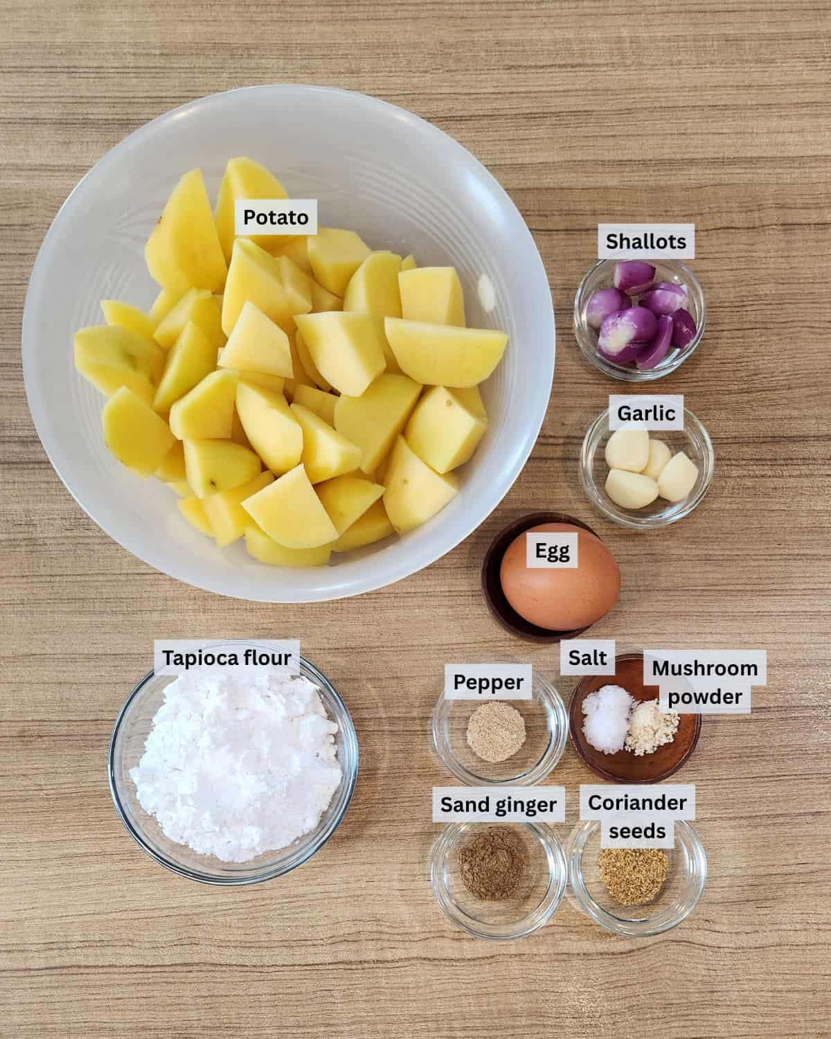 Fried Mashed Potato Patties or Perkedel ingredients with labels.