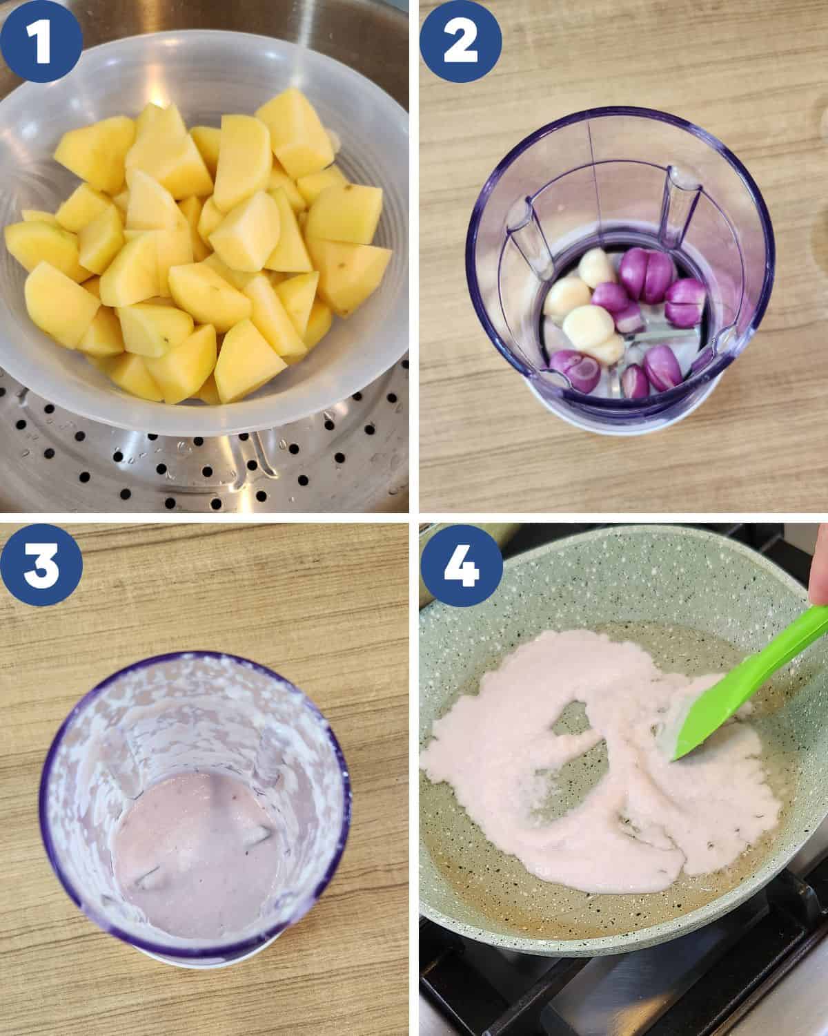 Step by step photos of preparing the potatoes and spices for perkedel.