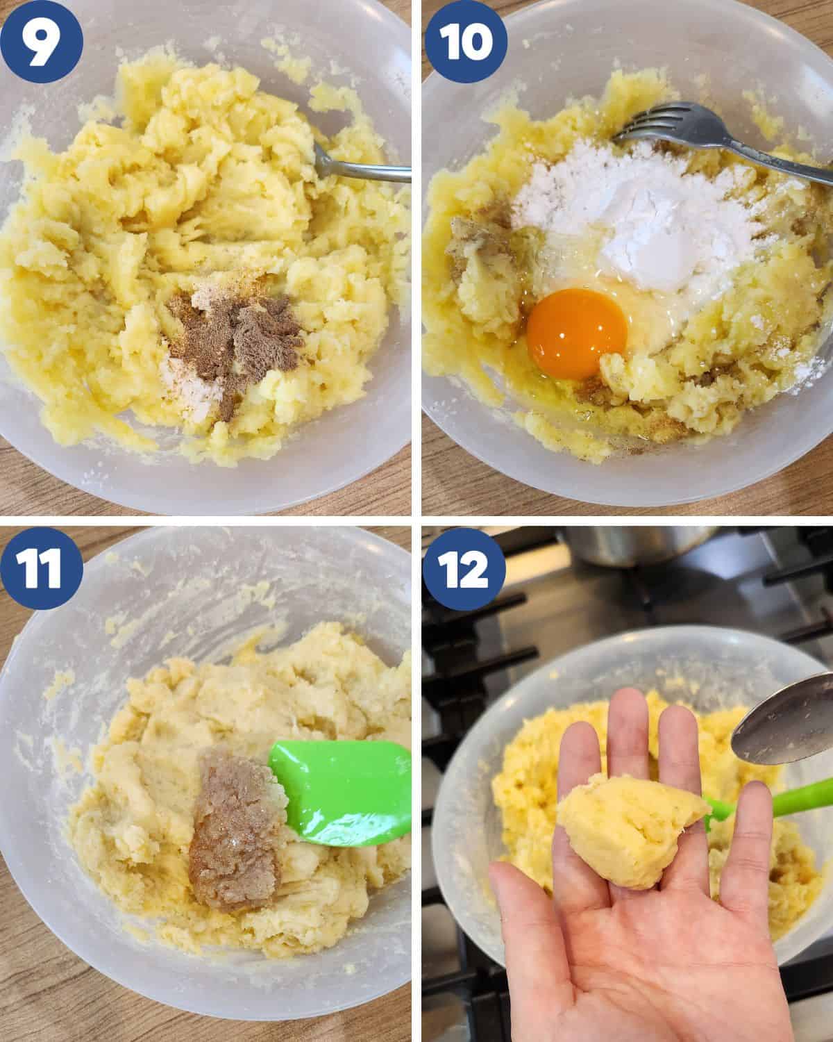 Step by step photos of combining the mashed potatoes with egg and other spices.
