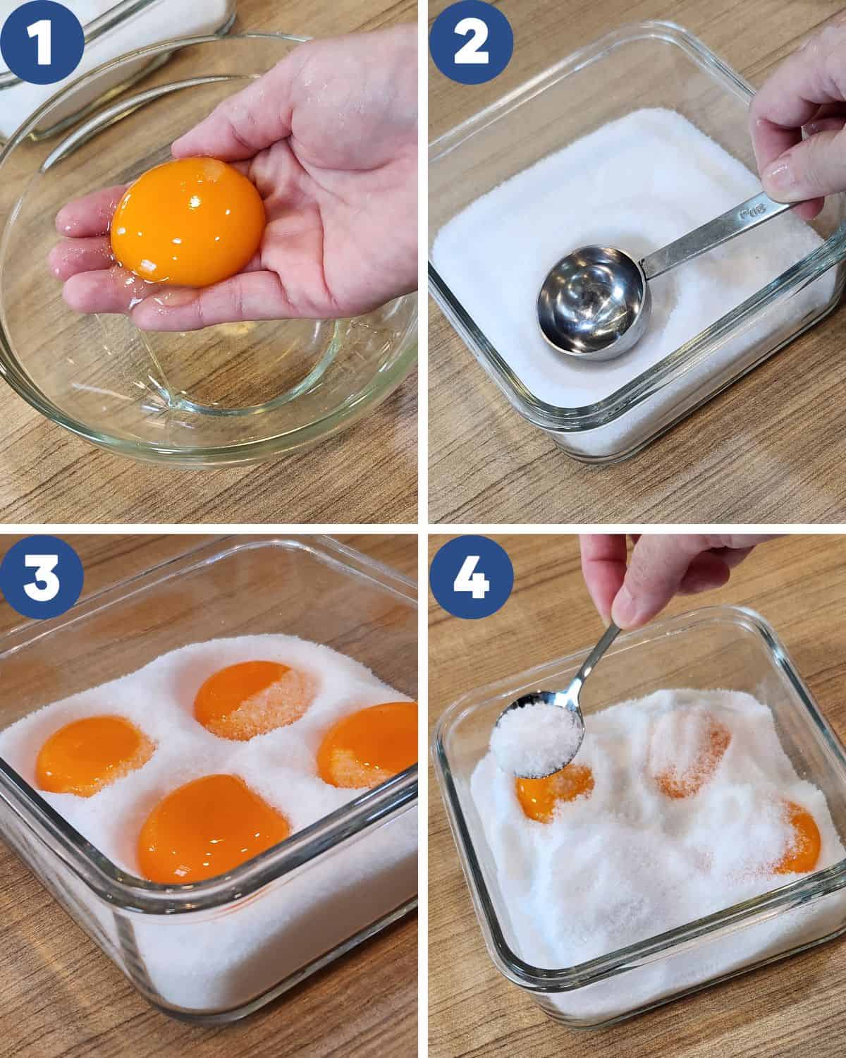 Step by step process photos of curing the egg yolks in a bed of salt.