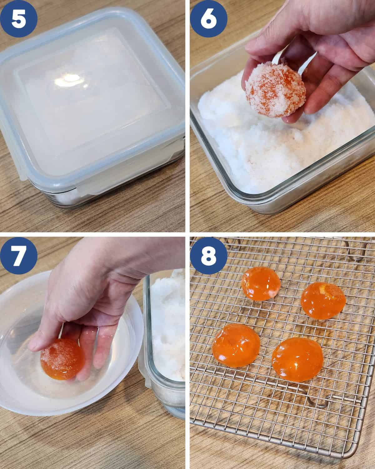 Step by step process photos of curing the eggs and baking them.