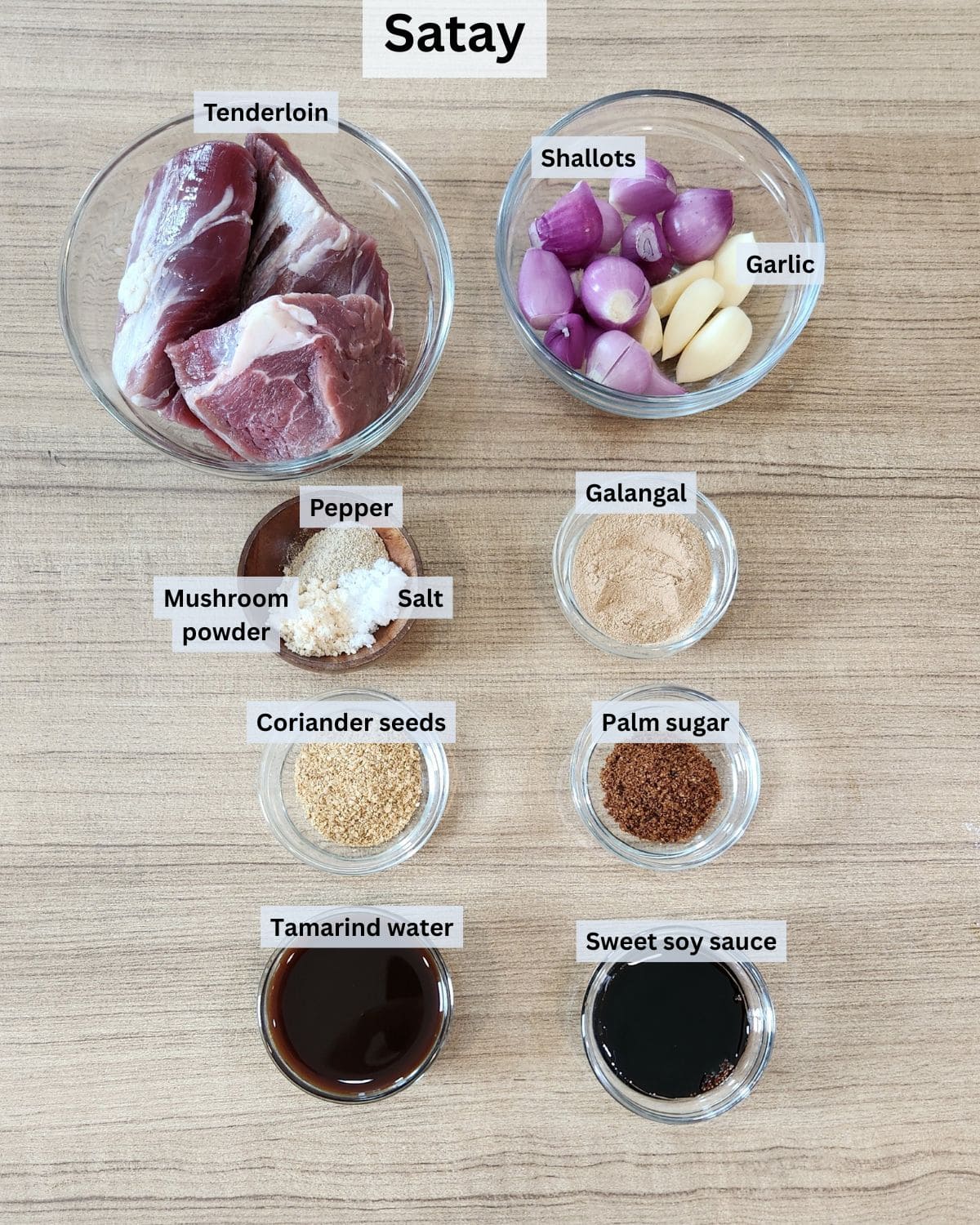 Sate maranggi ingredients with labels.