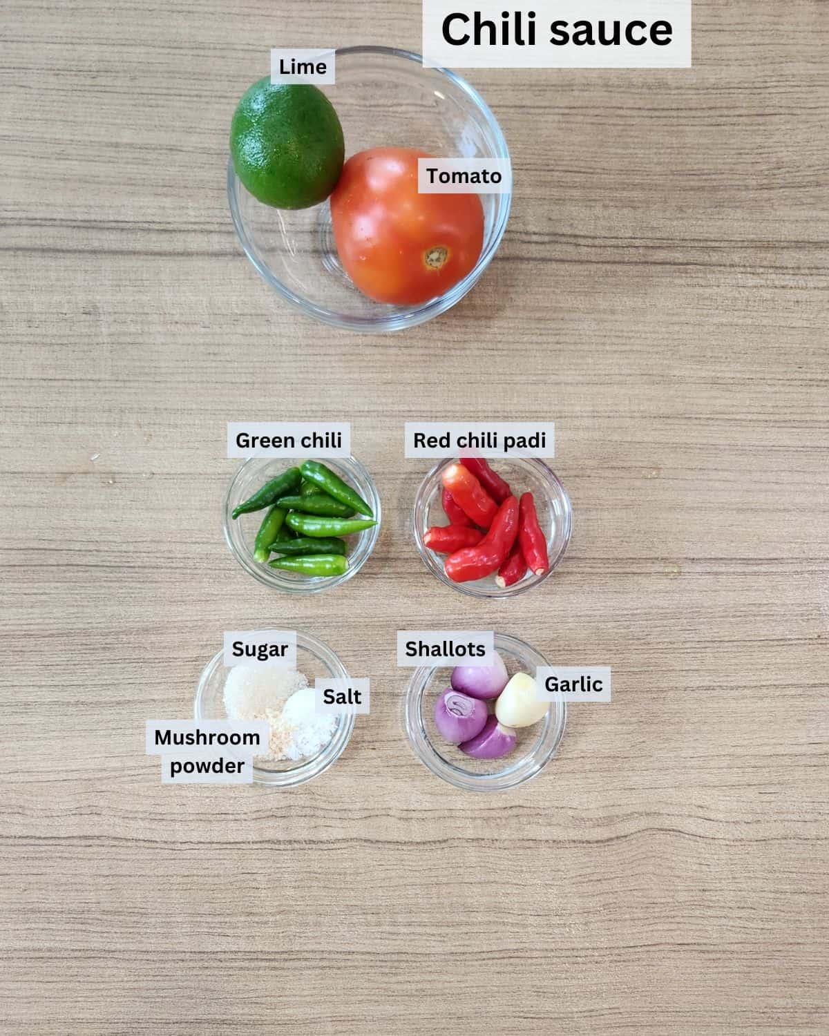 Beef satay chili sambal ingredients with labels.