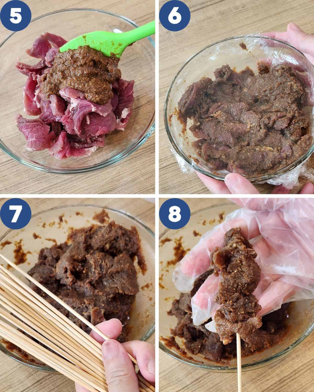 Step by step photos of marinating the beef slices and putting them on skewers.