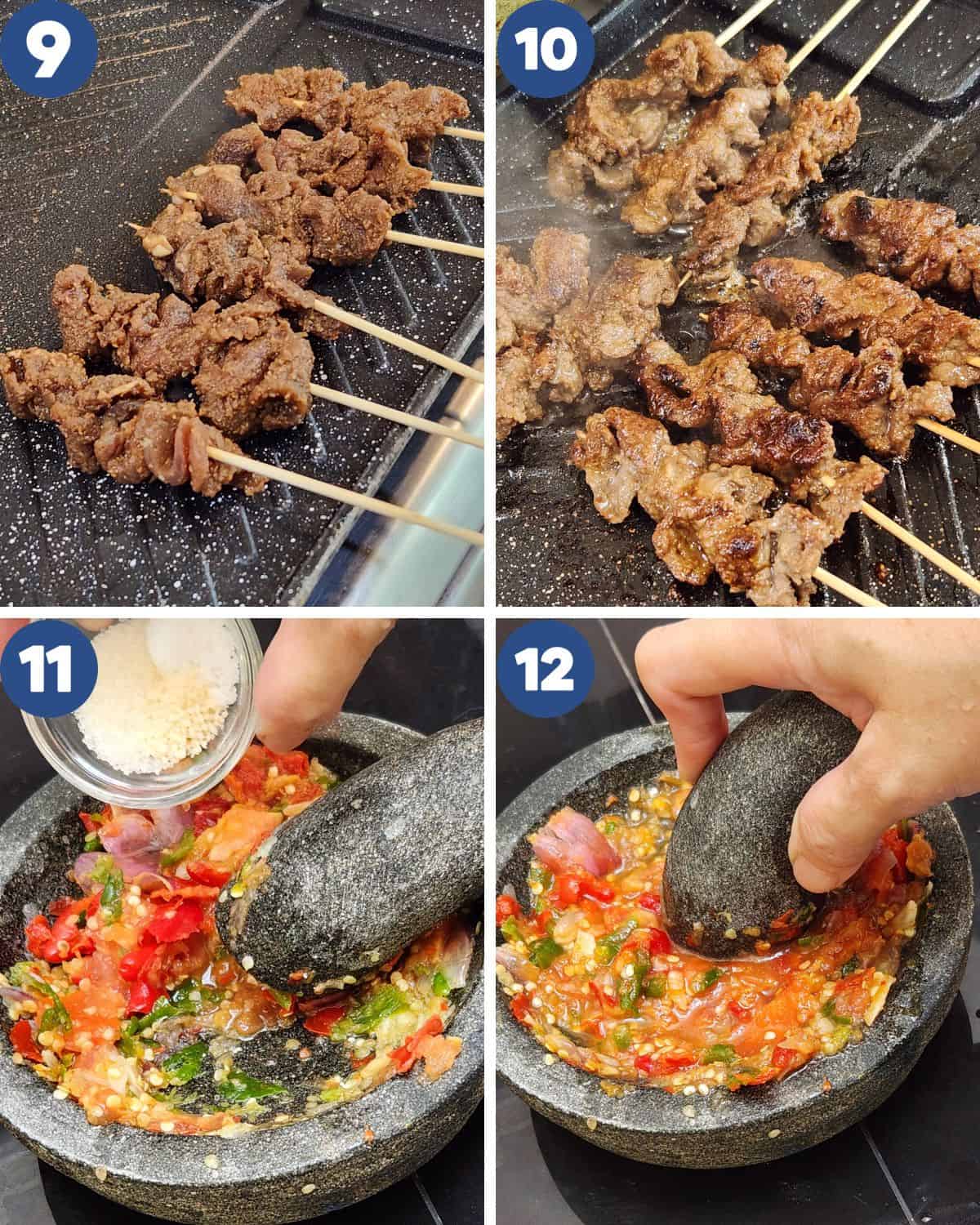 Step by step photos of grilling the beef satay and making the chili sambal.