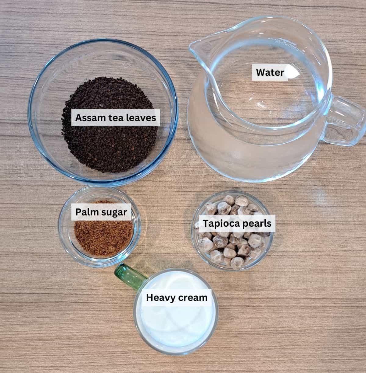 Assam milk tea ingredients with labels.