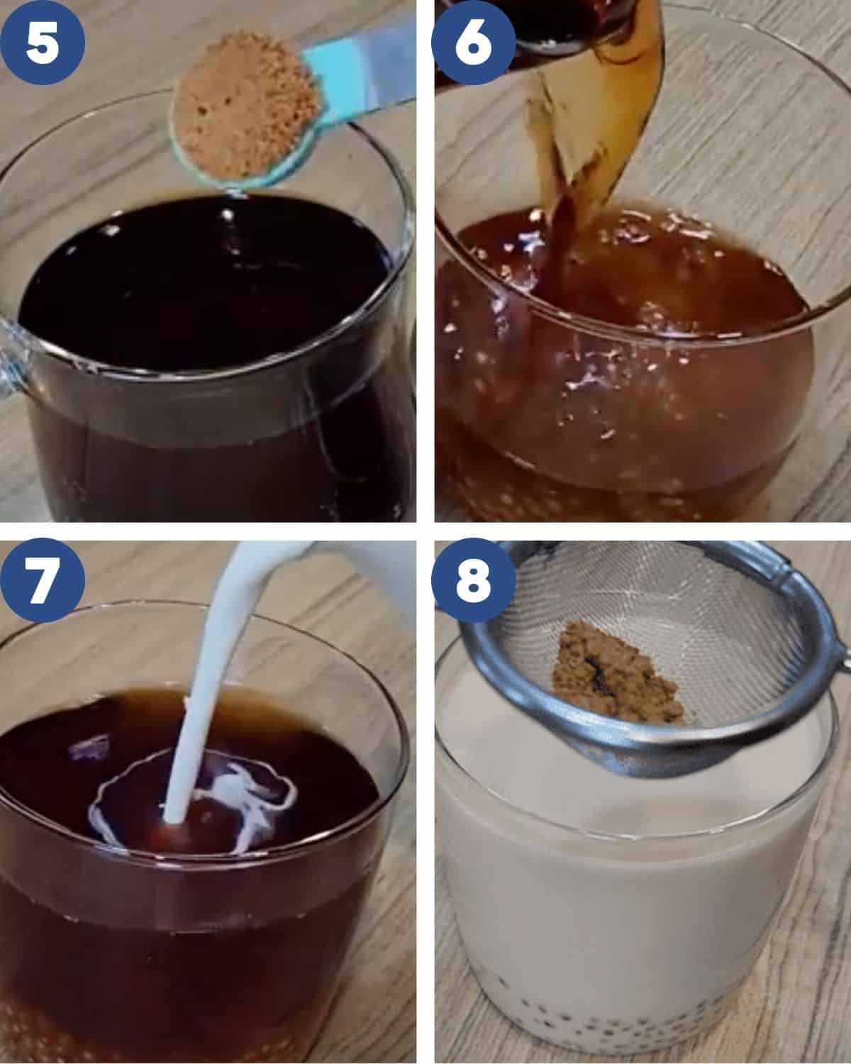 Step by step photos of brewing and mixing Assam tea with milk. 