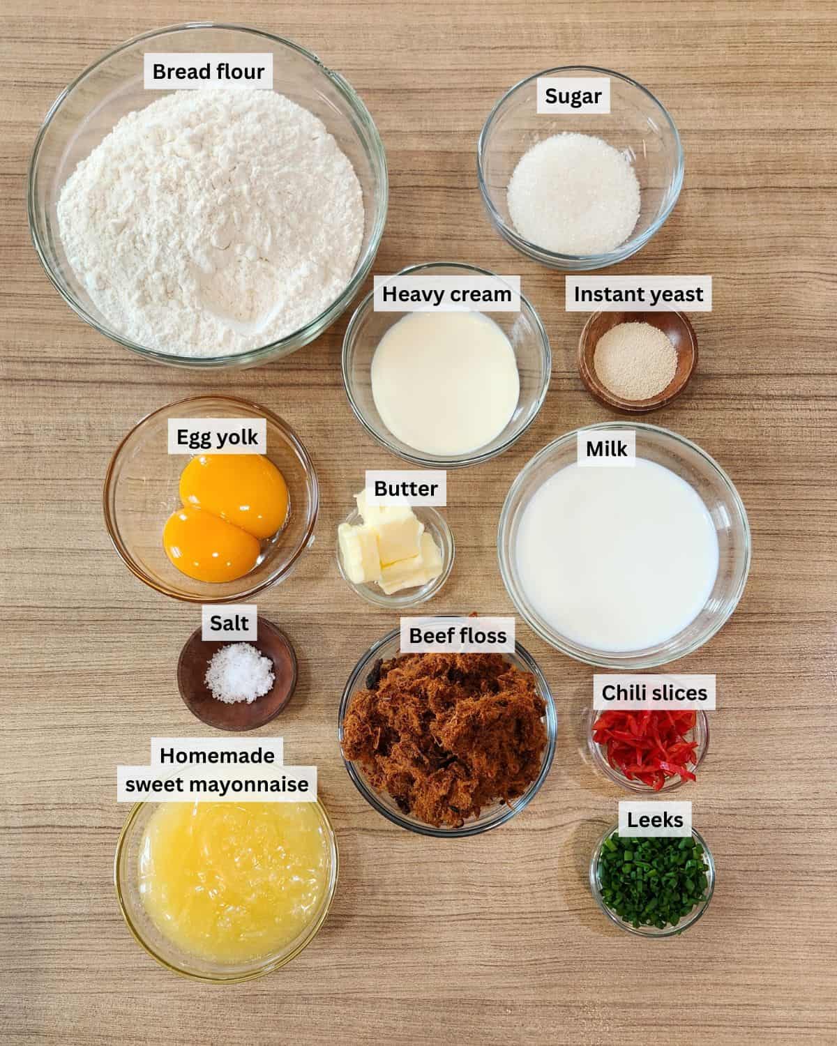 Beef floss bread roll ingredients with labels.