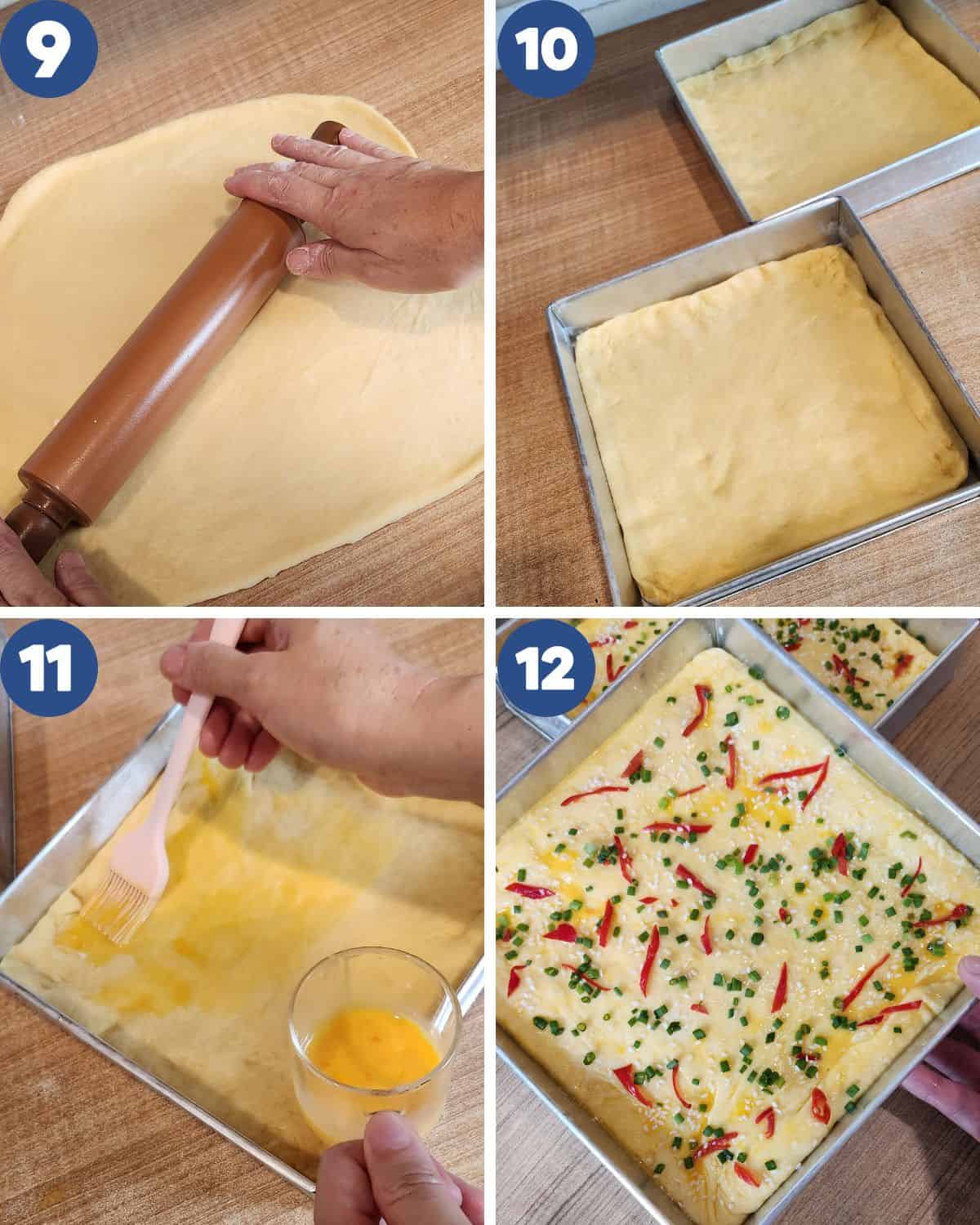 Step by step photos of shaping the bread dough for beef floss bread roll.