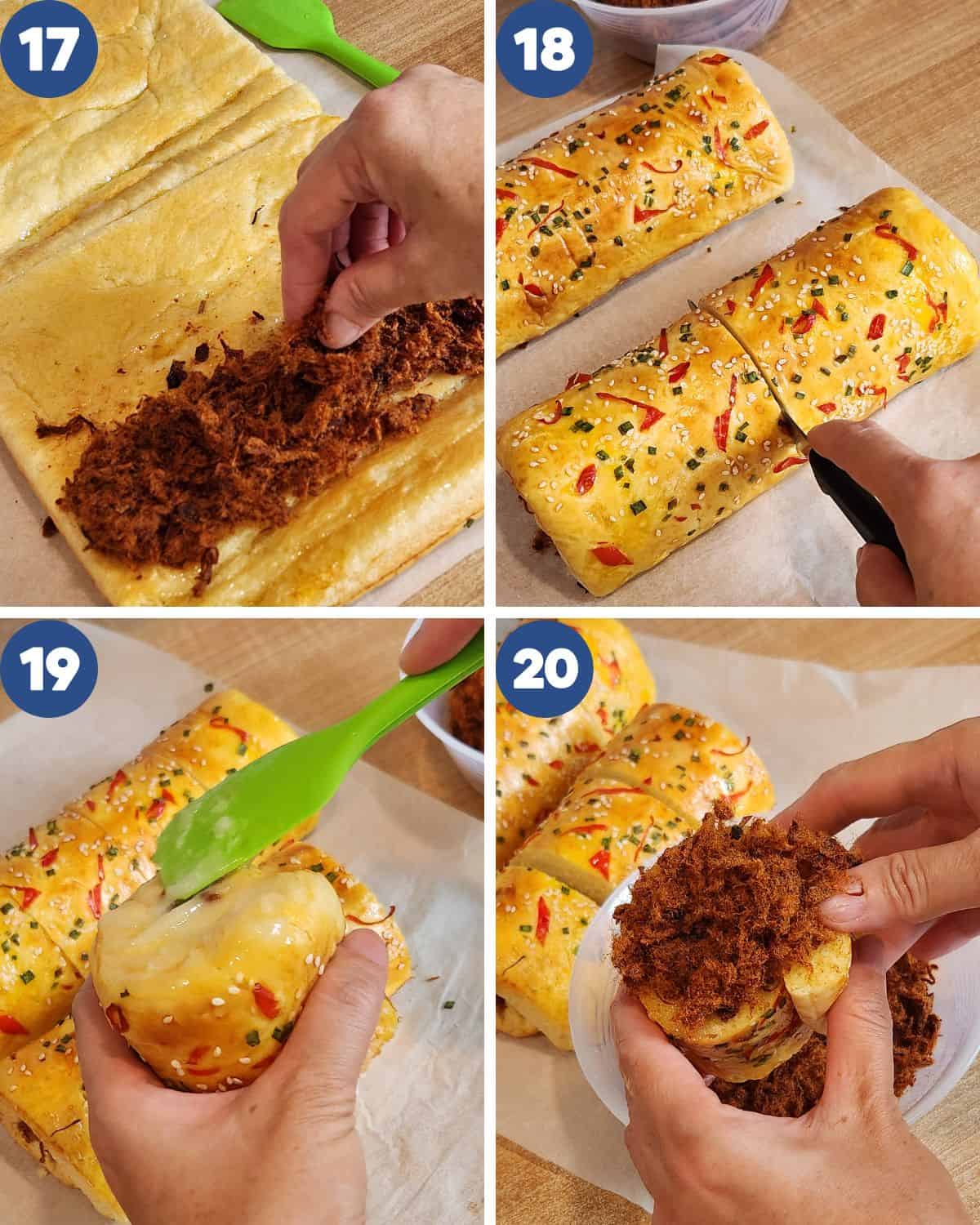 Step by step photos of rolling the bread and decorating it with beef floss. 