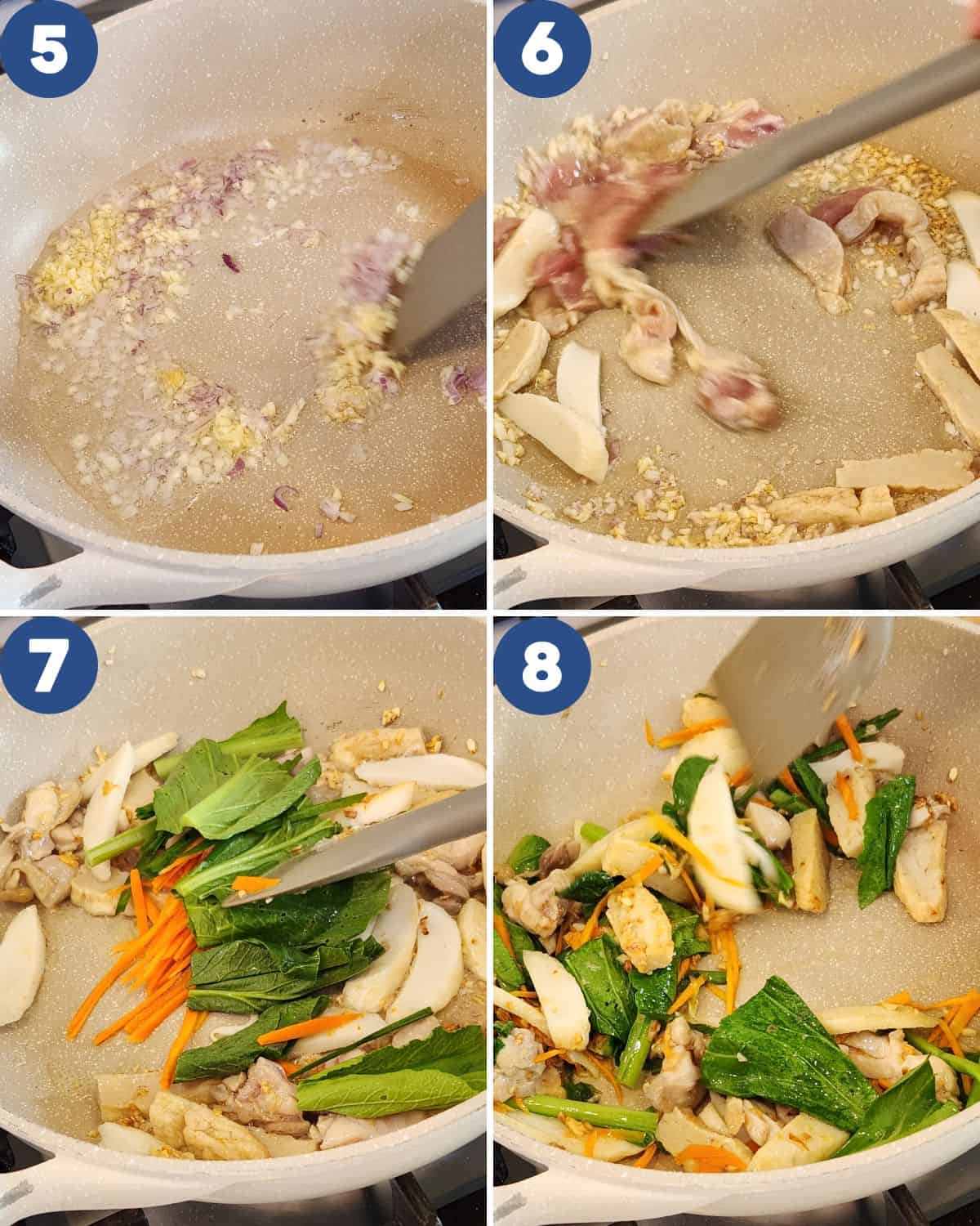 Step by step photos of cooking the bihun goreng in a wok.