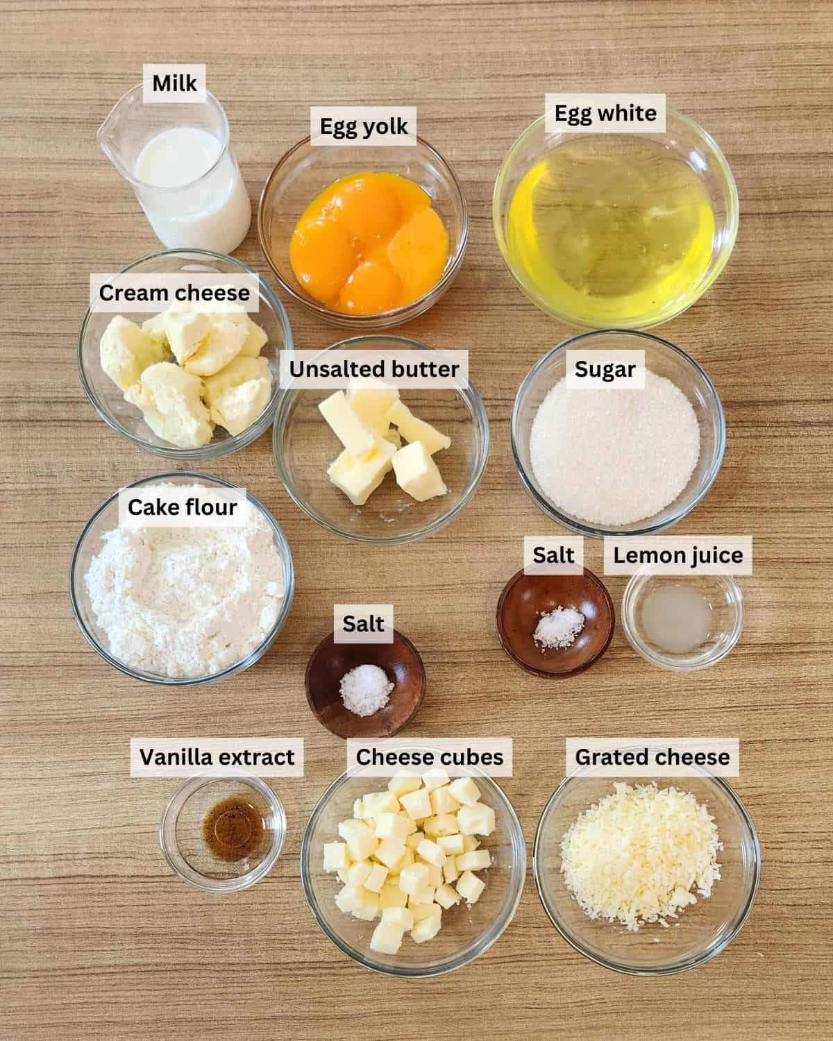Cheese chiffon cake ingredients with labels.