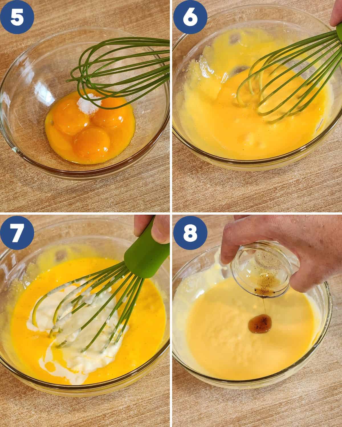 Step by step photos of whisking the egg yolk batter.