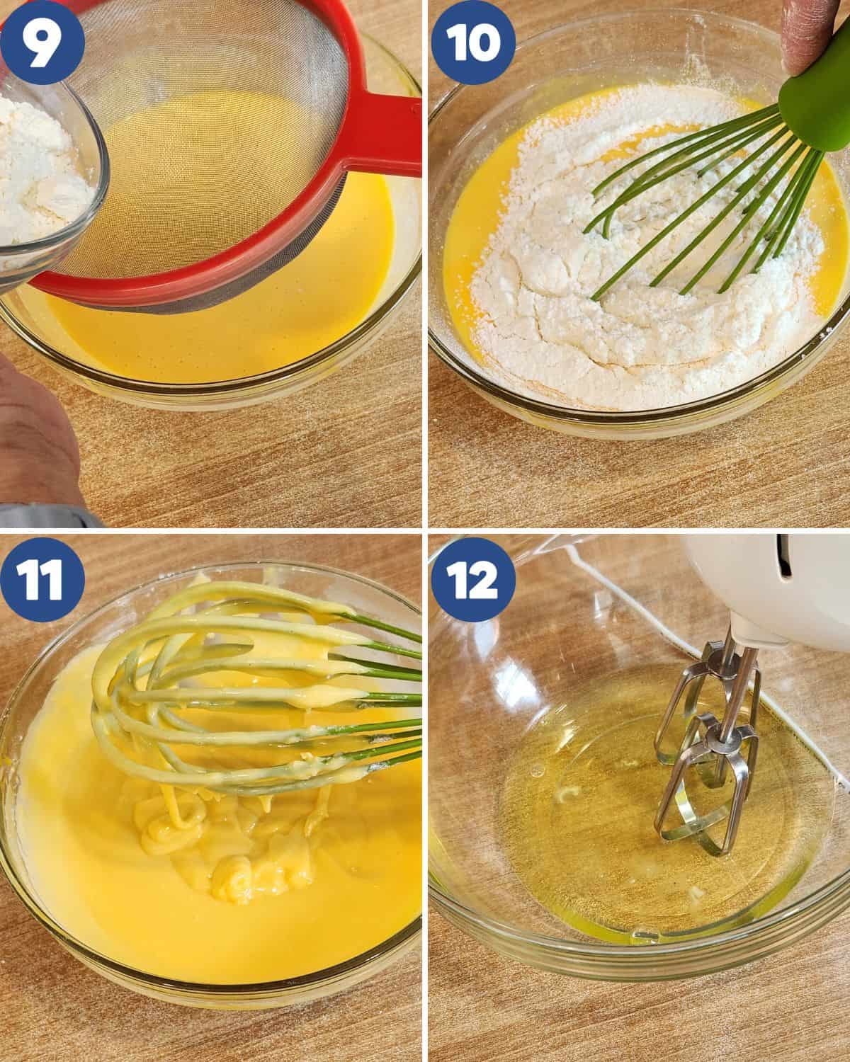 Step by step photos of mixing the flour into the batter.