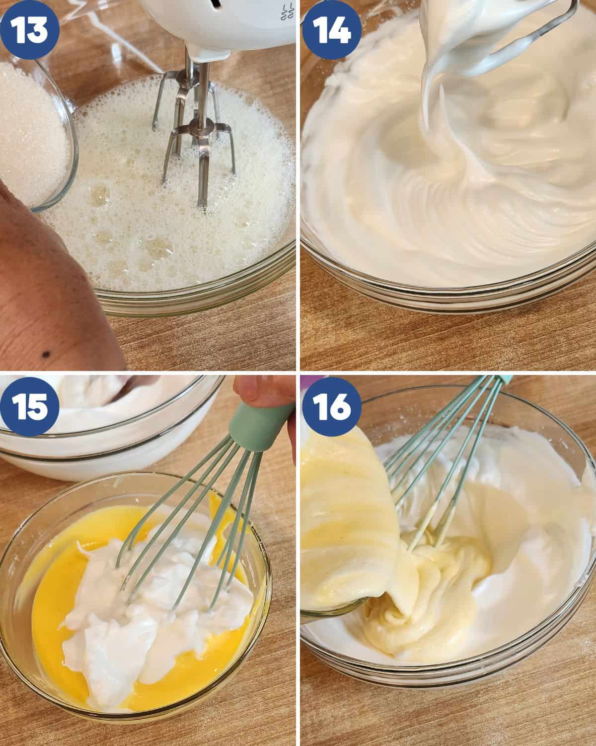Step by step photos of mixing the meringue into the egg yolk batter.