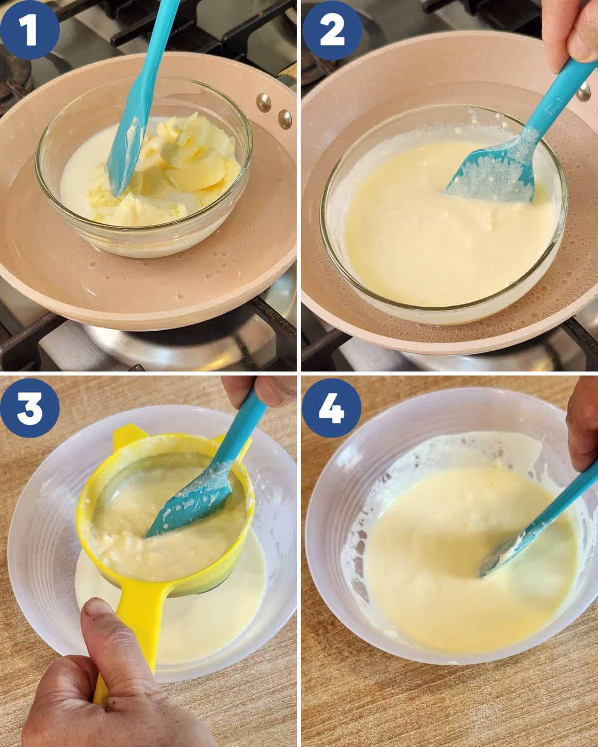 Step by step photos of preparing the cream cheese for the batter.