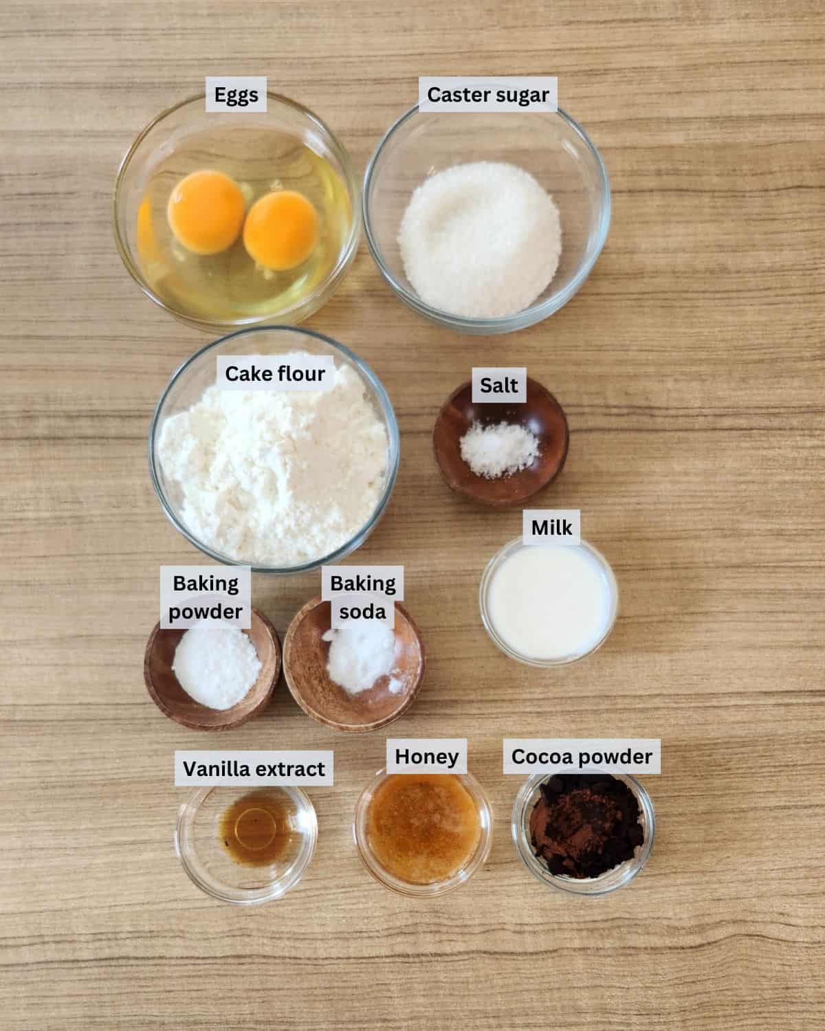 Chocolate Dorayaki ingredients with labels.