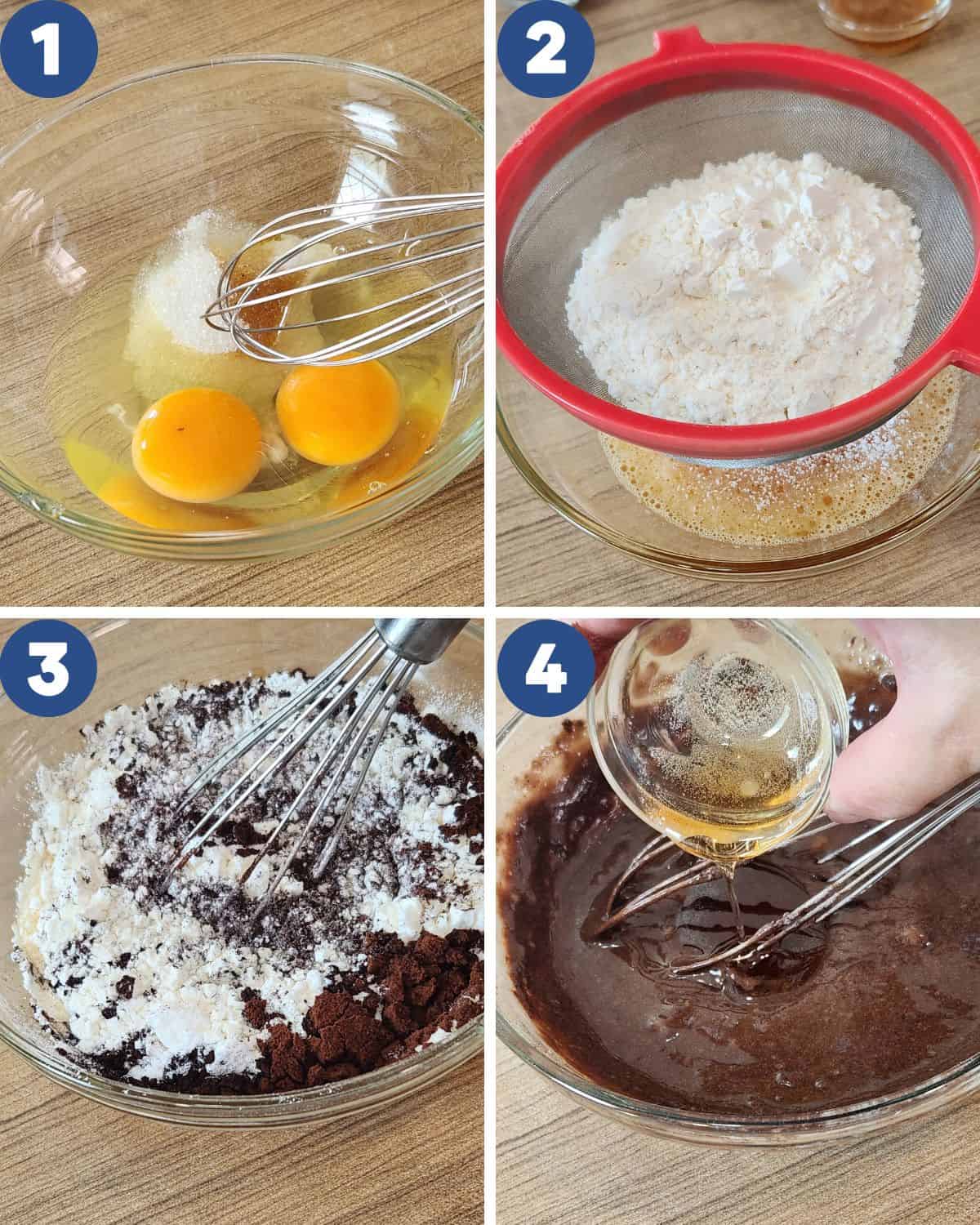 Step by step photos of making the batter of chocolate dorayaki.