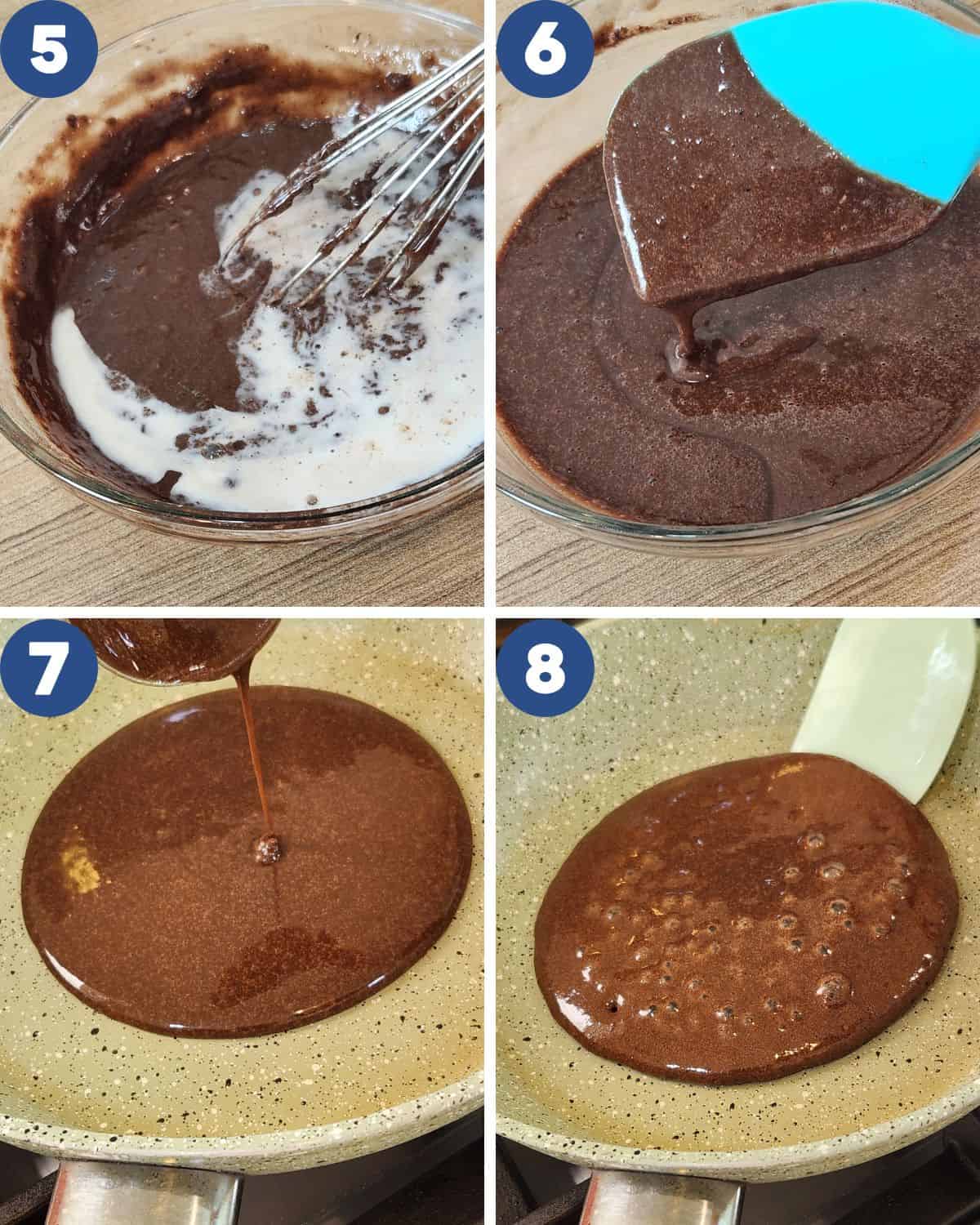 Step by step photos of preparing the batter and cooking the chocolate dorayaki.