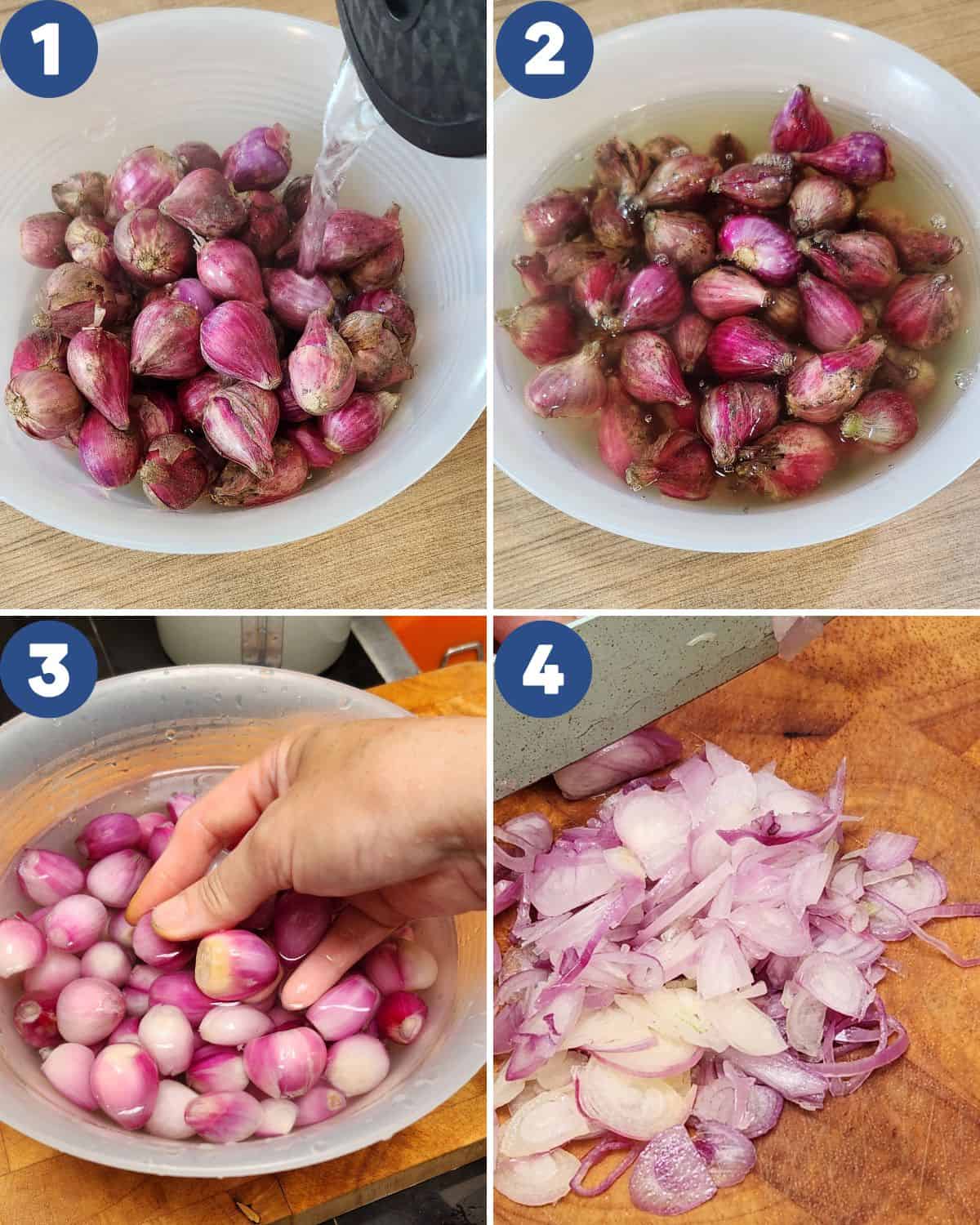 Step by step photos of preparing the shallots before deep-frying.