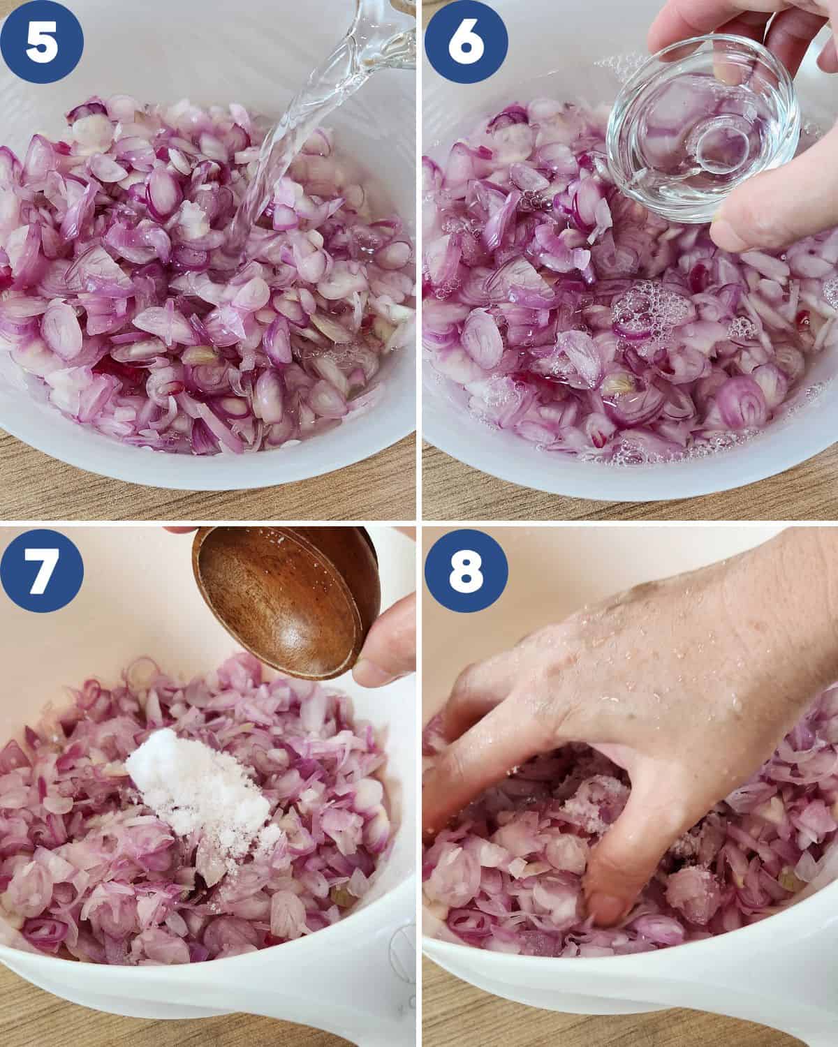 Step by step photos of preparing the sliced shallots for frying.