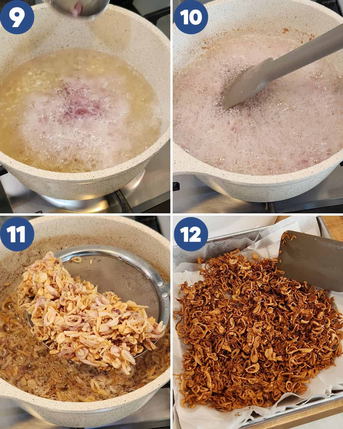 Step by step photos of deep-frying the shallots.