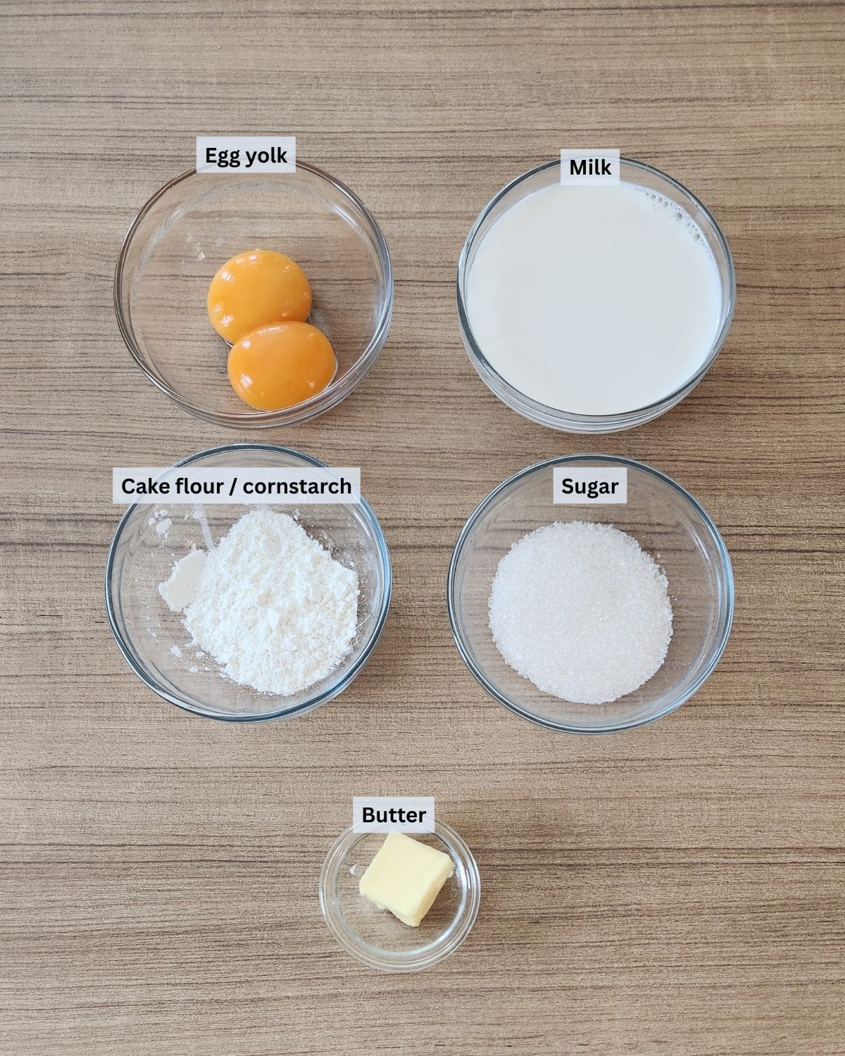 Custard filling ingredients with labels.