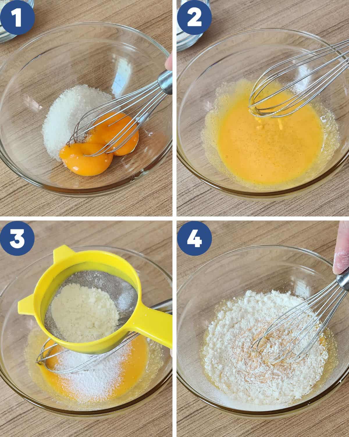 Step by step photos of mixing the egg yolks, sugar, and flour for custard filling.