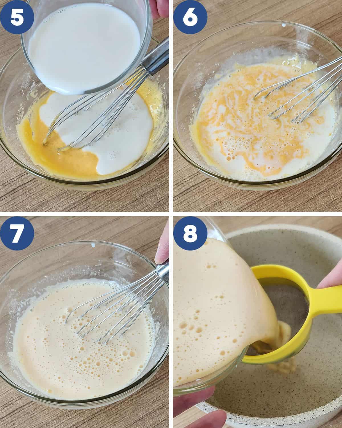 Step by step photos of whisking the milk, and preparing to cook the custard filling.