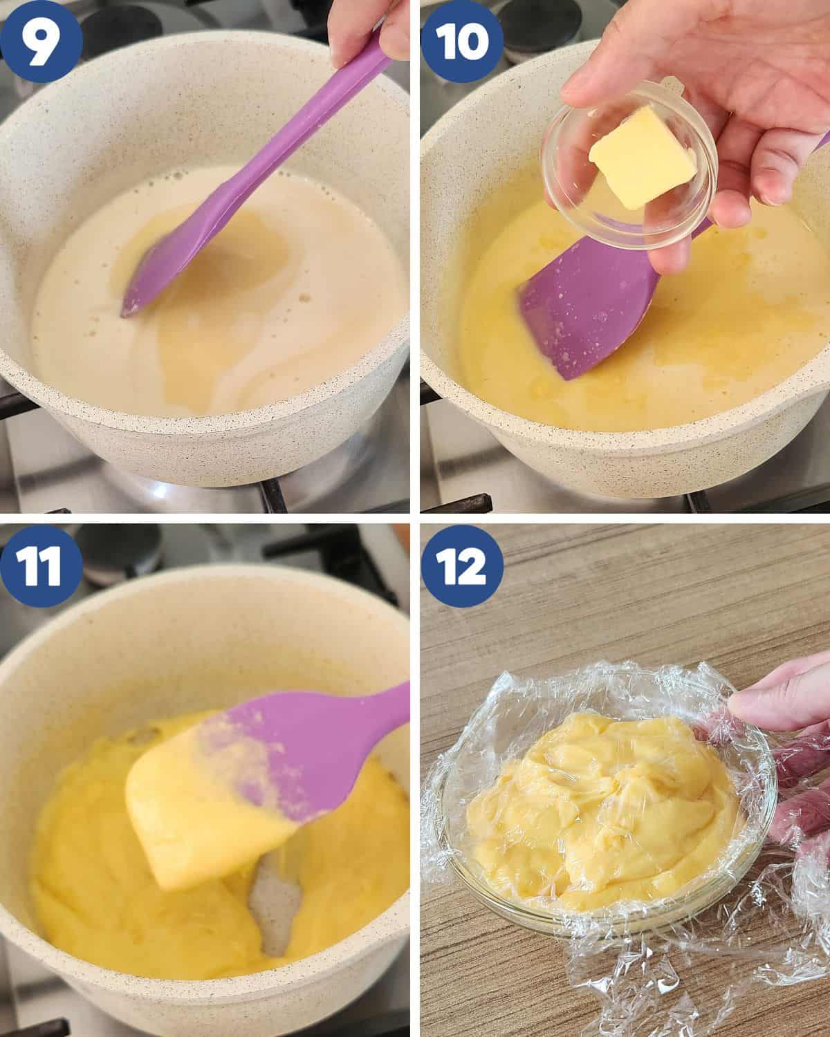 Step by step photos of cooking the custard filling.