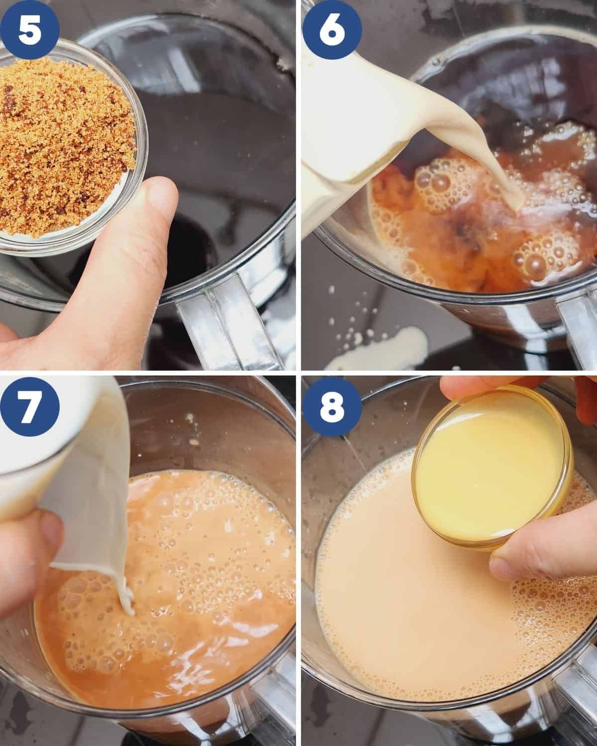 Step by step photos of adding sweetener and milk into the brewed tea.