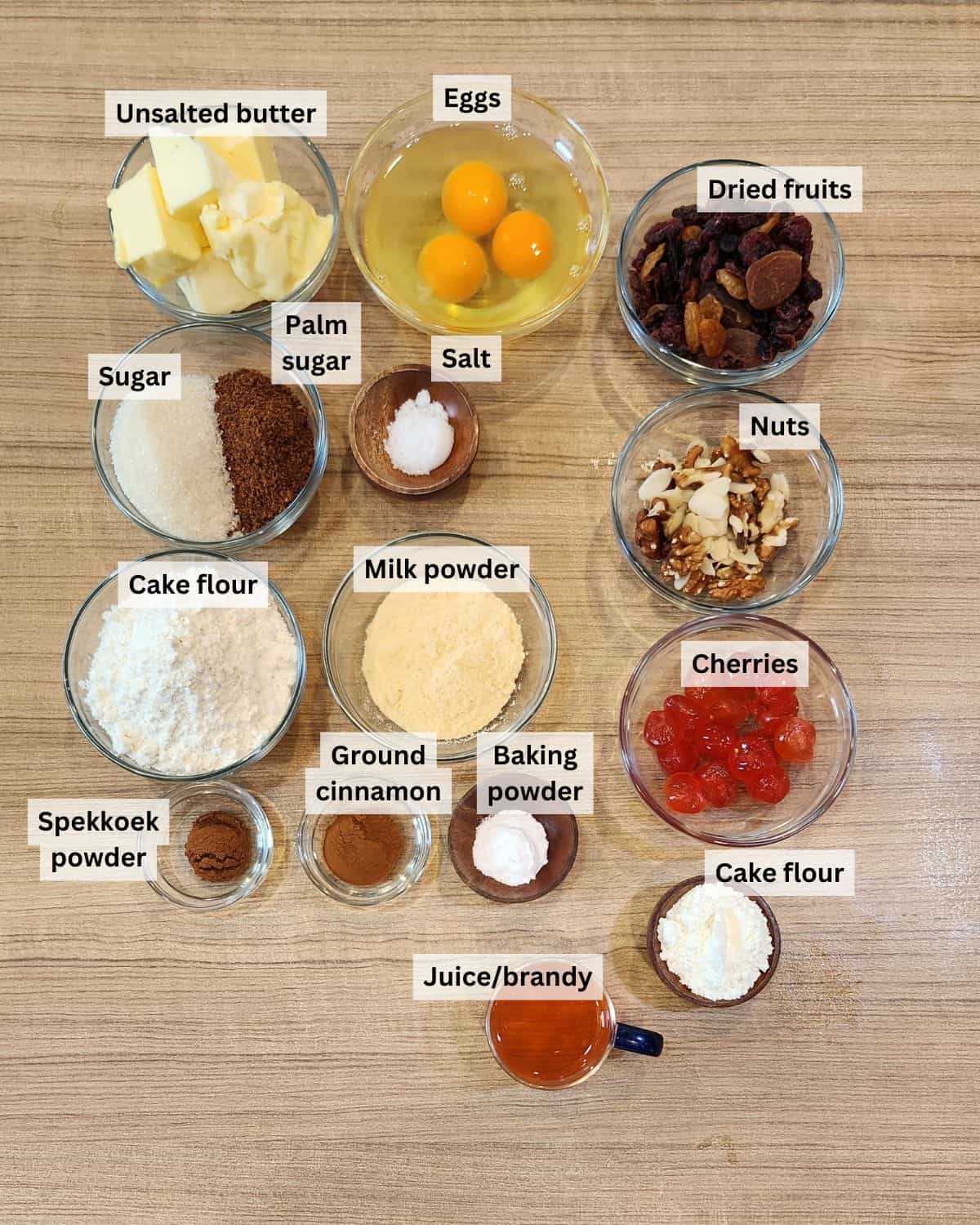 English fruit cake ingredients with labels.
