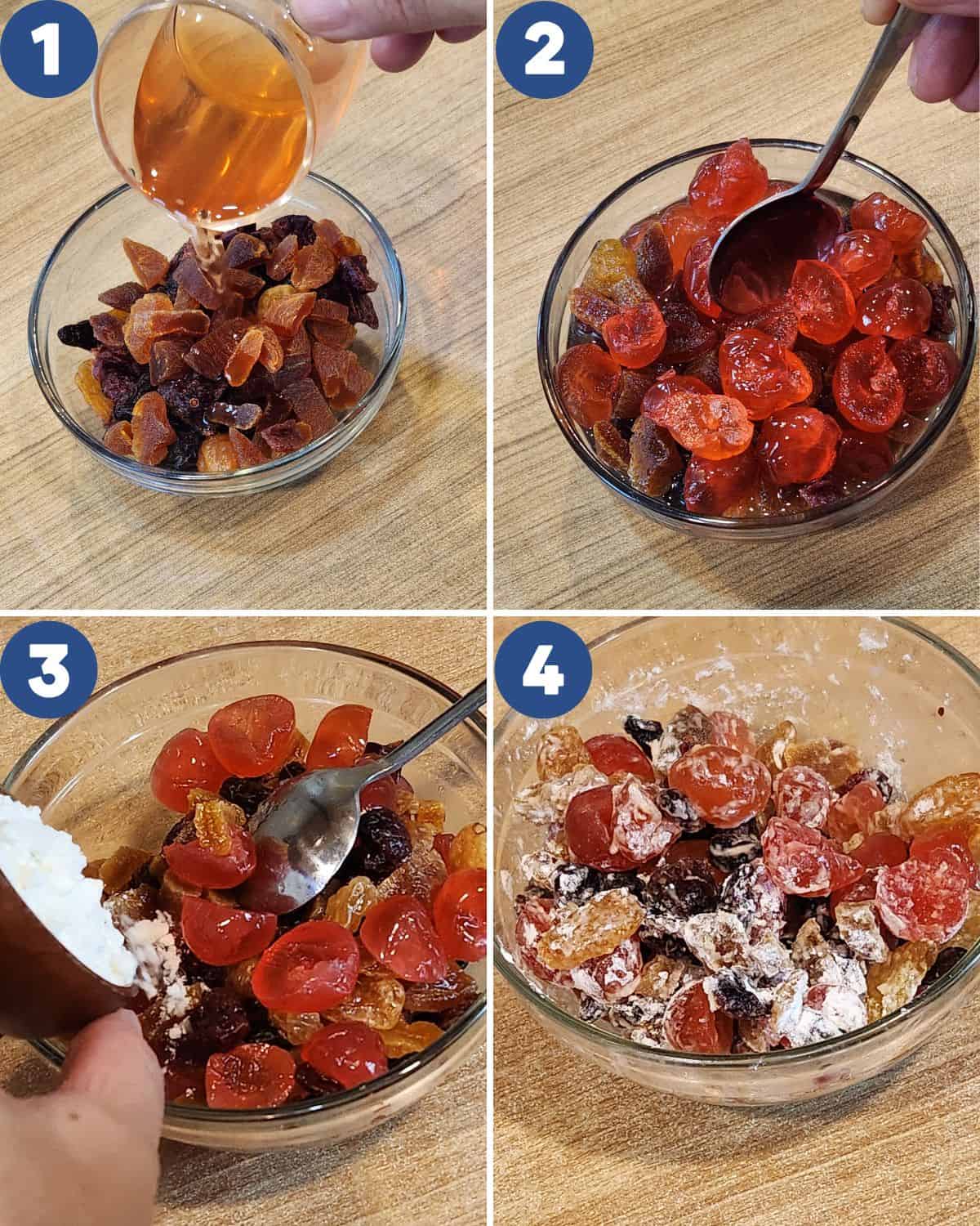 Step by step photos of preparing the dried fruits for the English fruit cake.