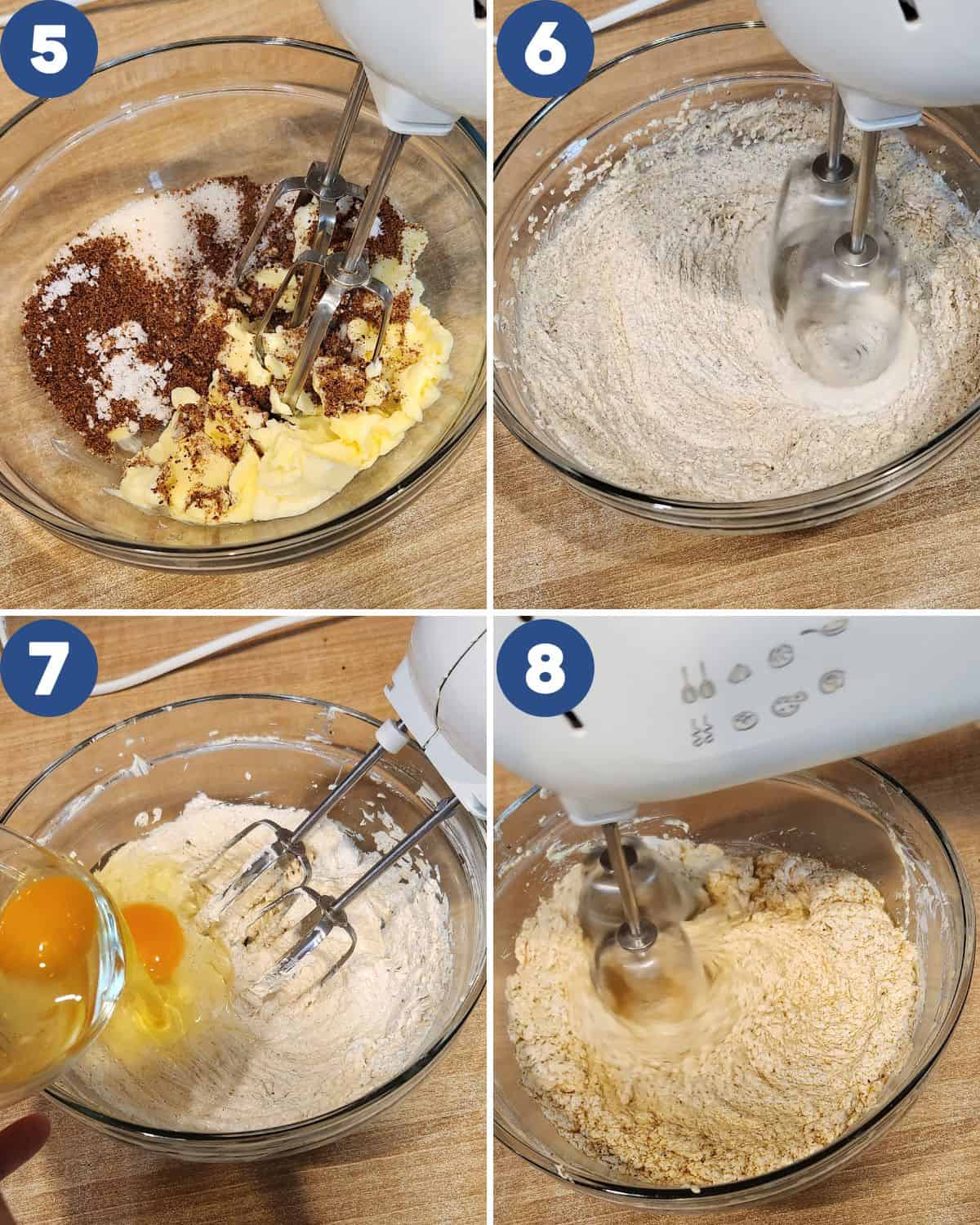 Step by step photos of mixing the butter, sugar, and eggs.