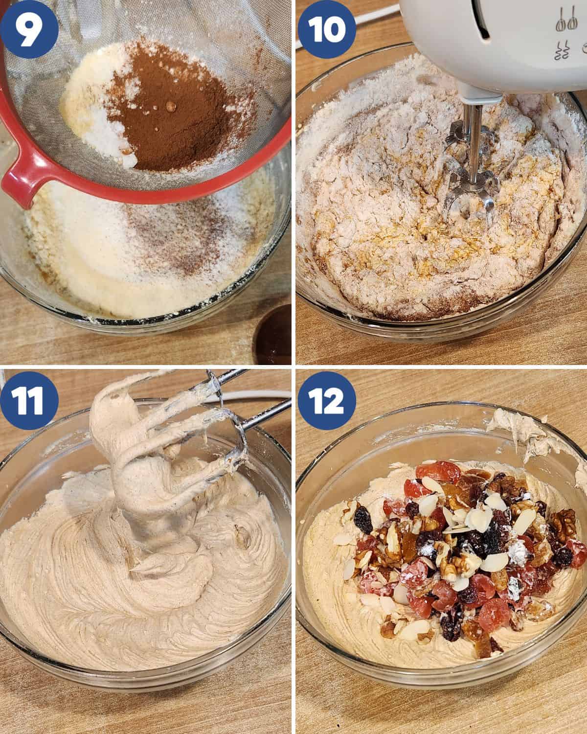 Step by step photos of mixing the dried fruits inside the batter.