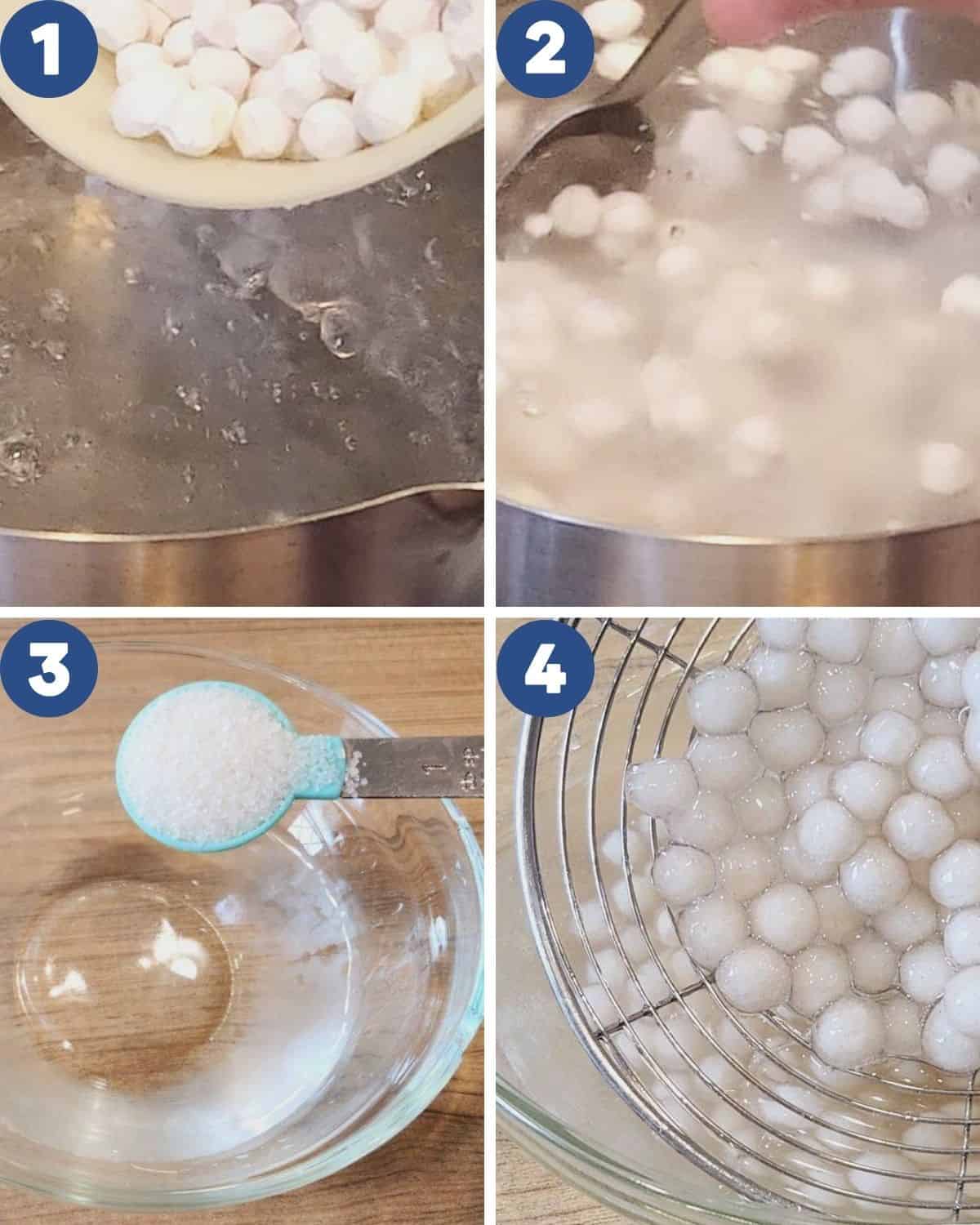 Step by step process of cooking tapioca pearls.