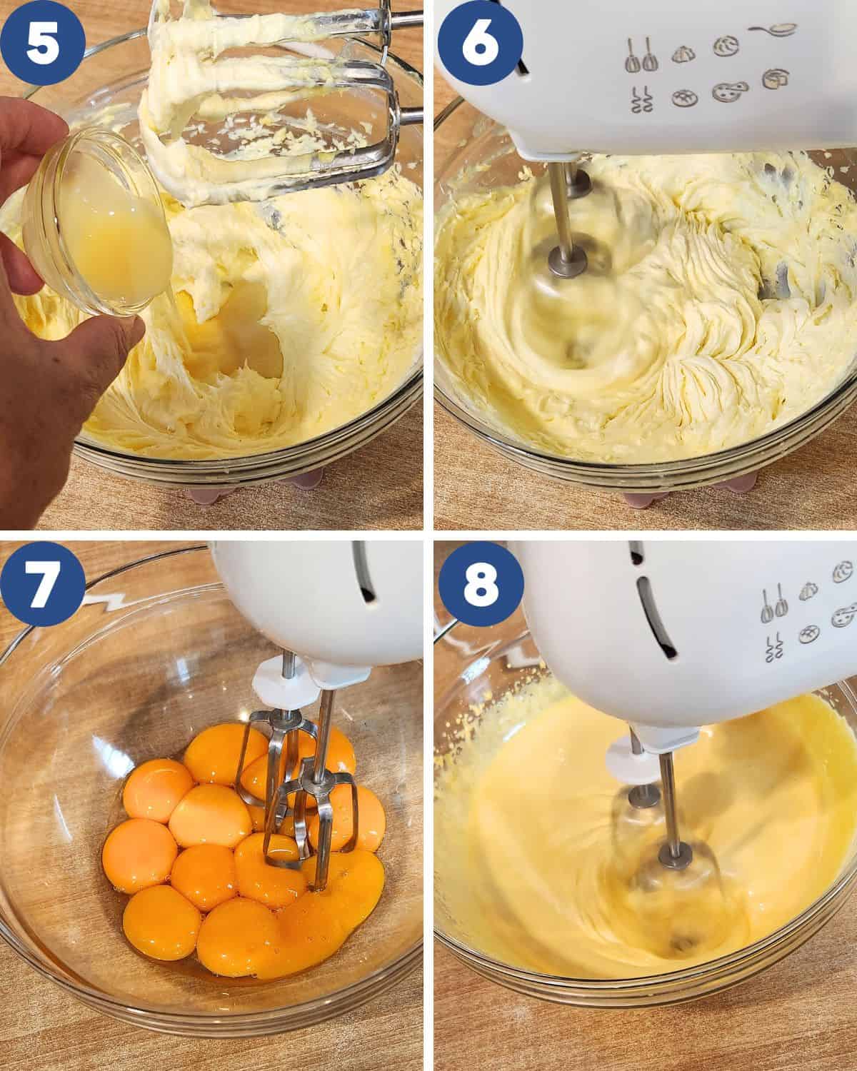 Step by step photos of mixing the egg yolks for lapis legit batter.
