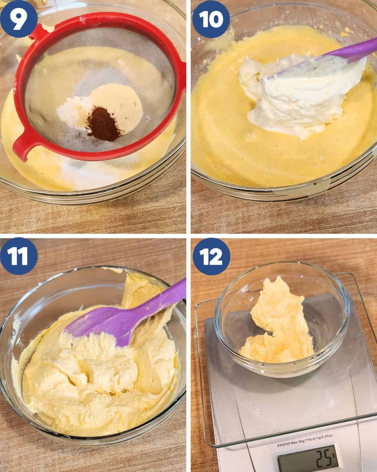 Step by step photos od mixing the butter mixture and the egg yolk mixture.