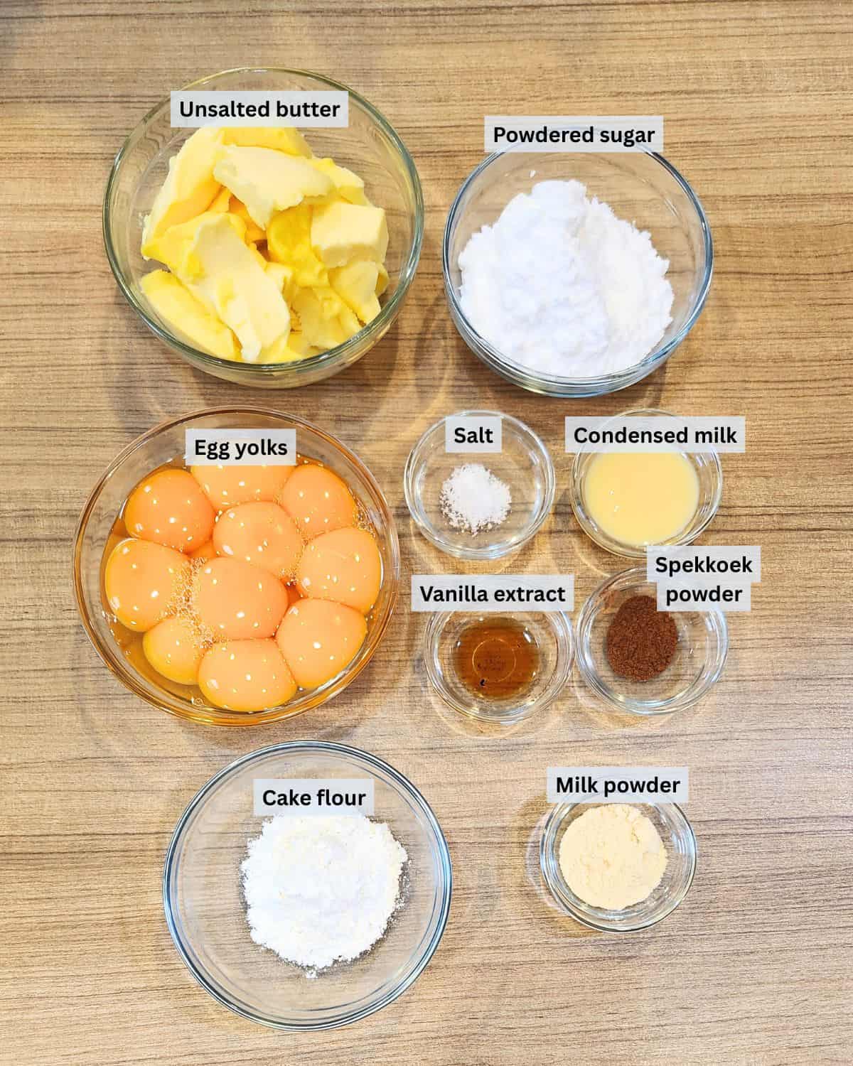 Lapis legit thousand layers cake ingredients with labels.