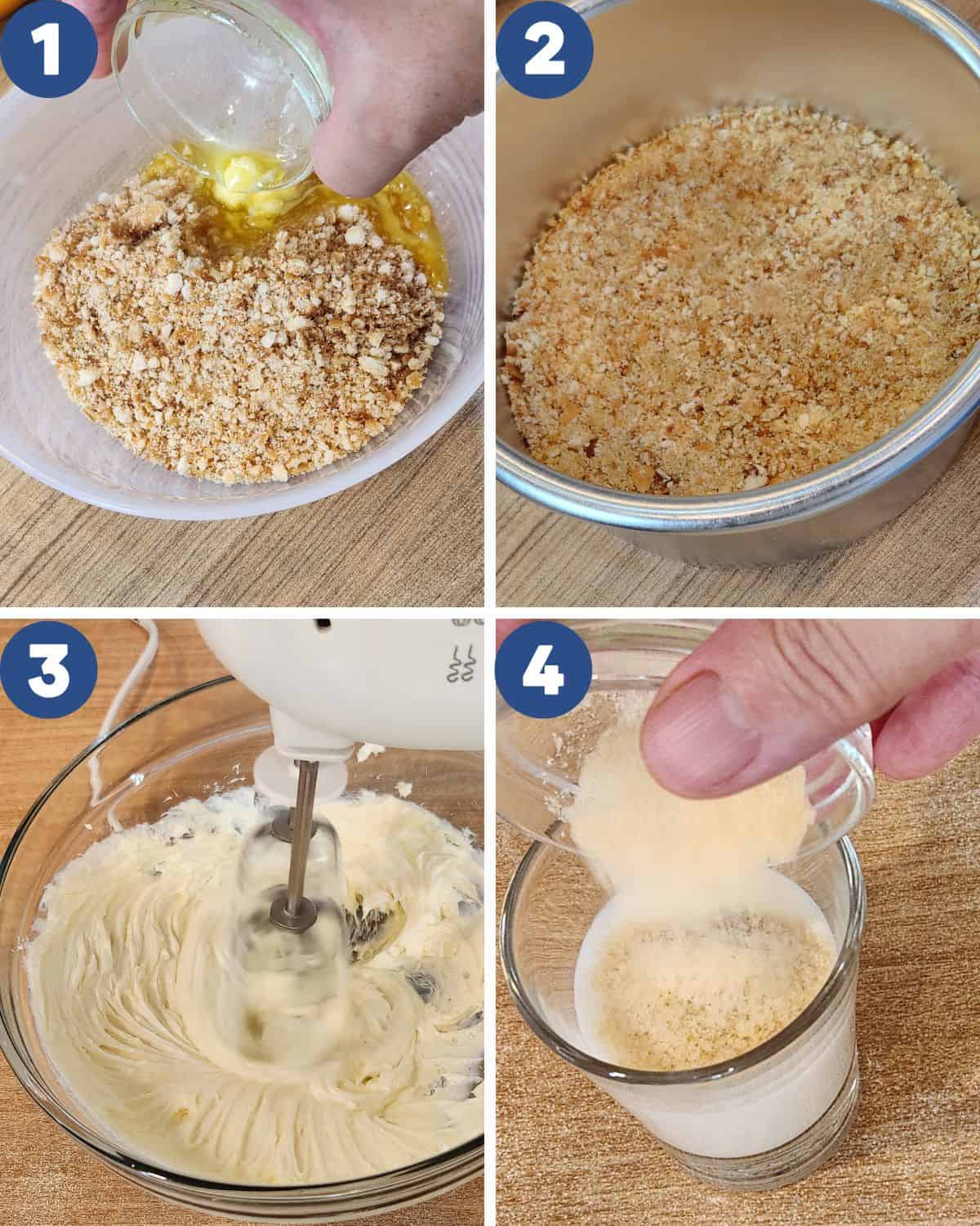 Step by step photos of preparing the crust and filling for no bake mango cheesecake.