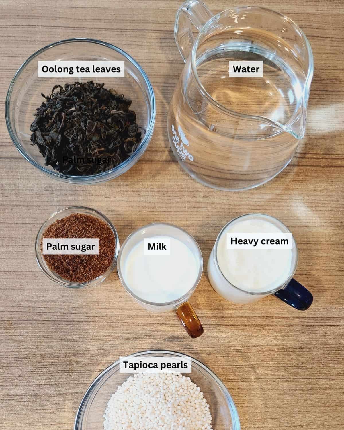 Oolong milk tea ingredients with labels.