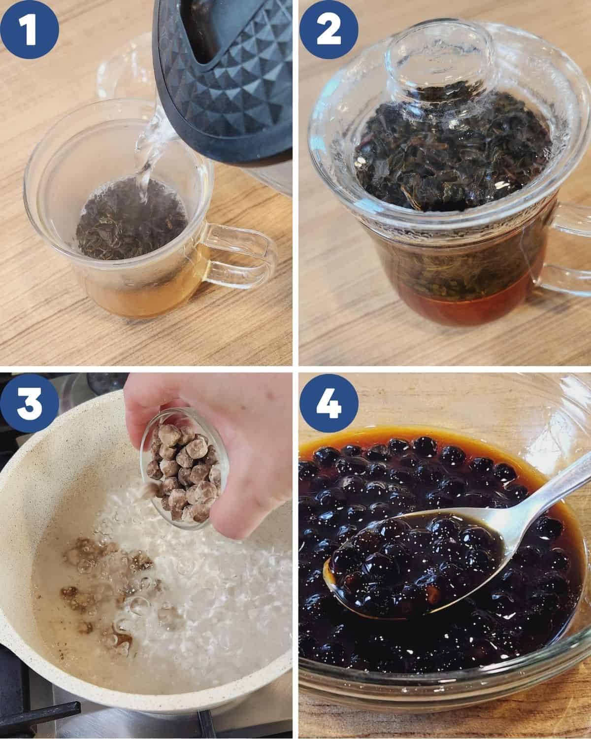 Step by step photos of brewing the tea and cooking the tapioca pearls.