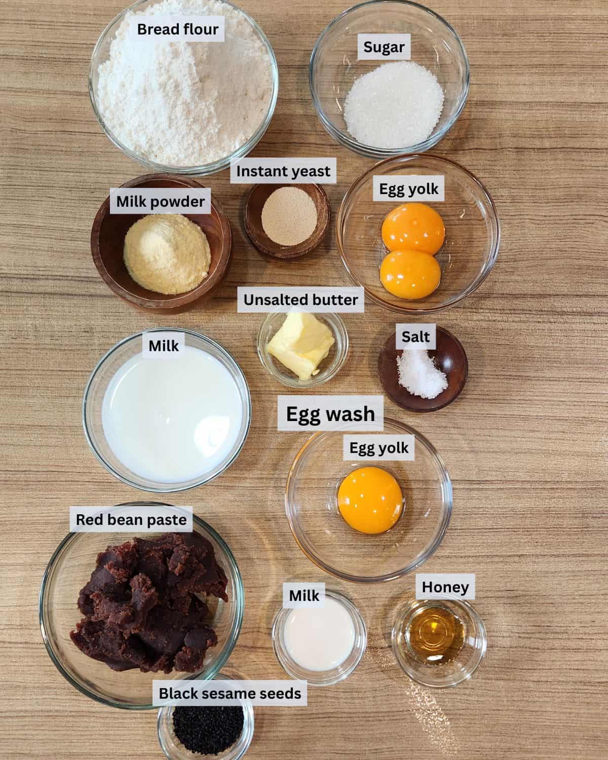Japanese red bean bread ingredients with labels.