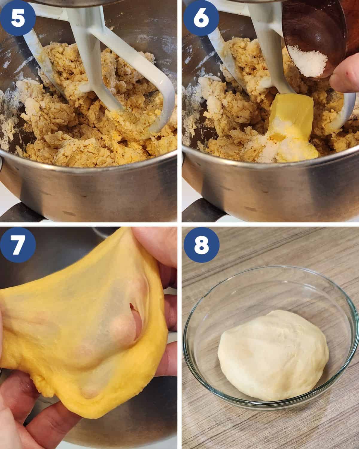 Step by step photos of mixing the dough until smooth and elastic.