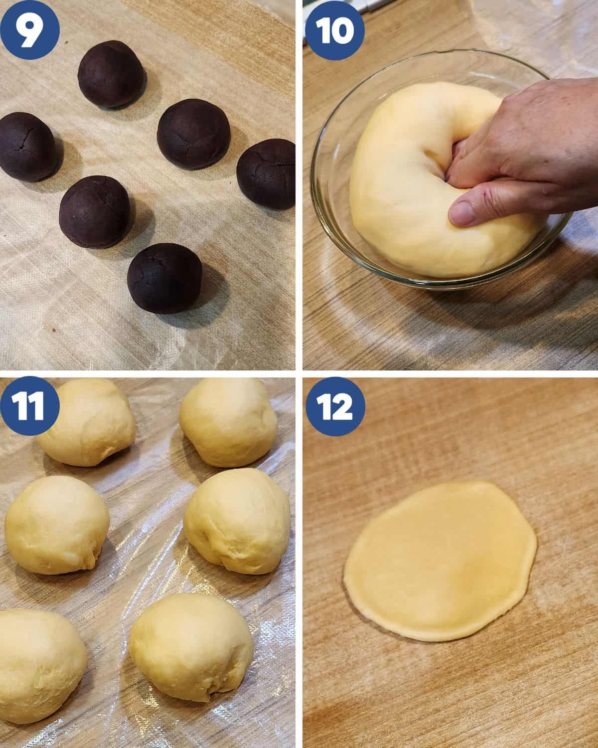 Step by step photos of preparing the red bean filling and shaping the dough. 