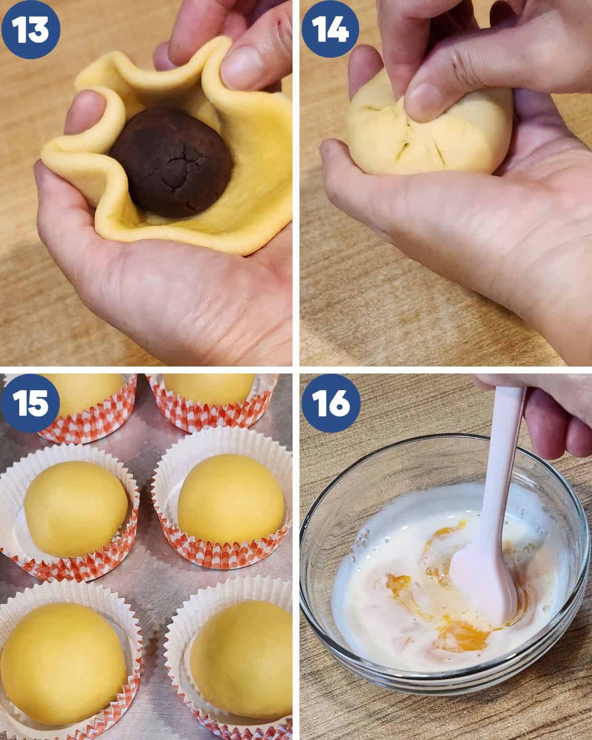 Step by step photos of filling the dough with red bean paste and shaping them. 