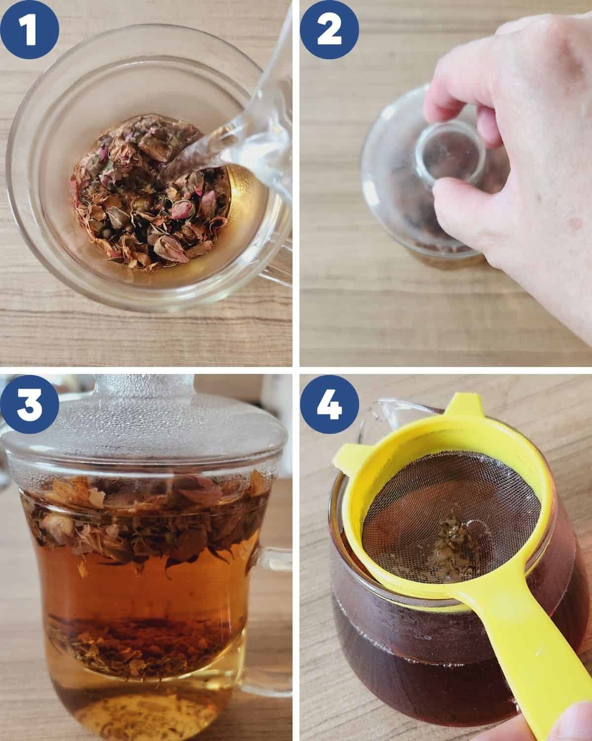 Step by step photos of brewing rose tea base.