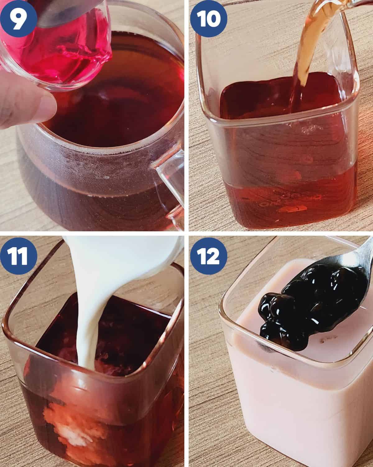 Step by step photos of preparing to serve the rose milk tea.